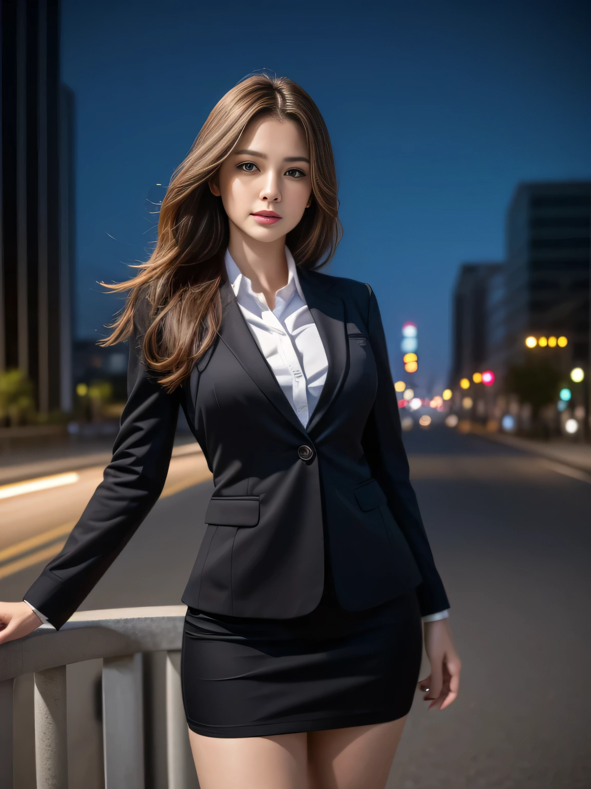 Great face and eyes, Compensate, (Very detailed美しい顔), (Sexiest Looks), (Beautiful big breasts:1.1), (highest quality:1.4), (Very detailed), (very detailed CG synthesis 8k wallpaper), Very detailed, RAW Photos, Professional photography, ((suit)), (Tight Skirt), (open front business shirt), Outdoor, (Business district, City of night, illumination), (Near the sky), Written boundary depth,