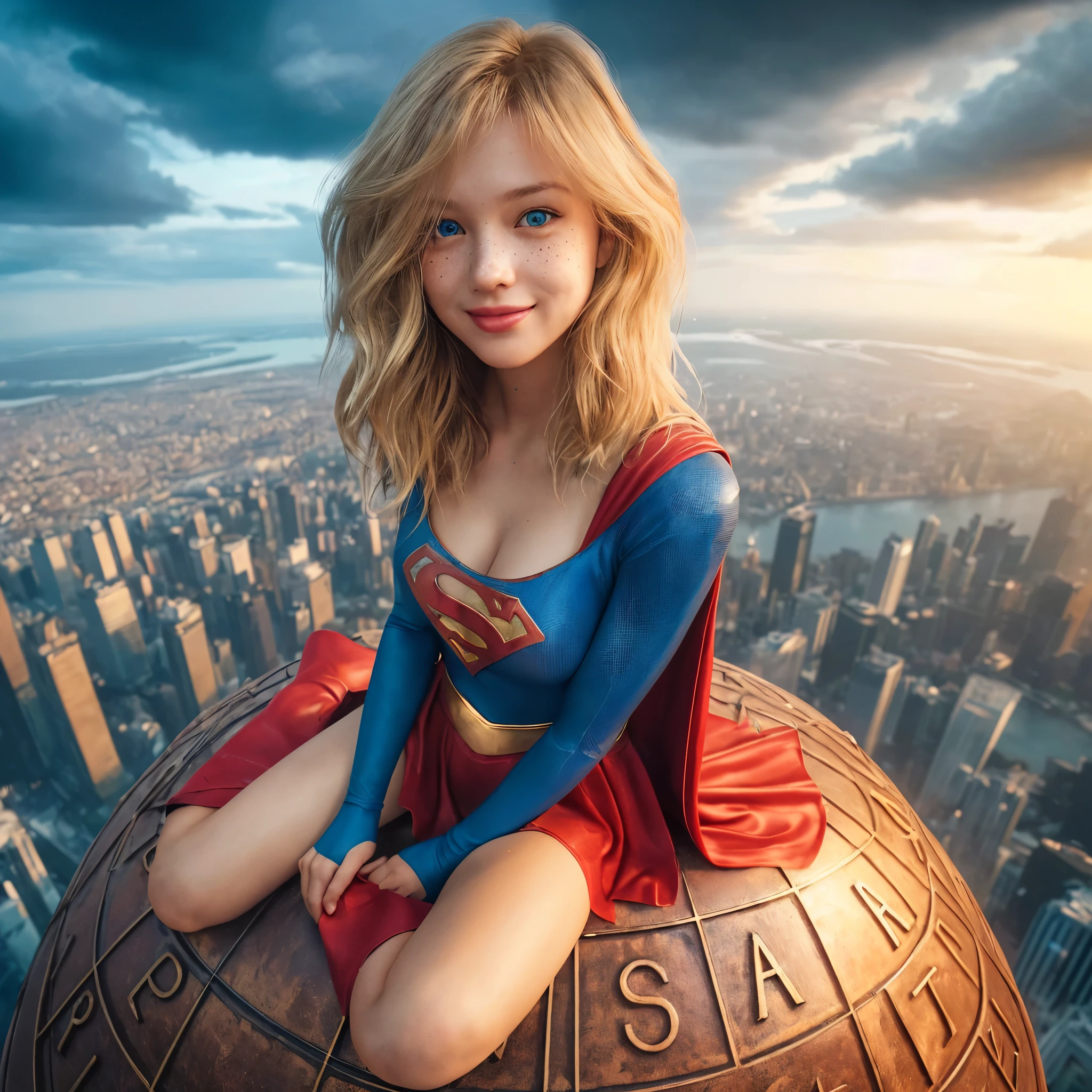 hyper realistic image supergirl full sitting on the giant brown globe that wrote 3d engraved "DAILY PLANET" on its diameter, place on the top of the high building, 20-year girl, blonde shaggy hair, cute freckles face, smile, detail skin pore moist, big blue eyes, crop top blue costume with S logo, red skirt, red cape, red boots, background dramatic sky, cloud & metropolis cityscape, sharp focus photography, taken with Fujifilm XF 56mm f/1.2 R Lens. HDR10 8K cinematography