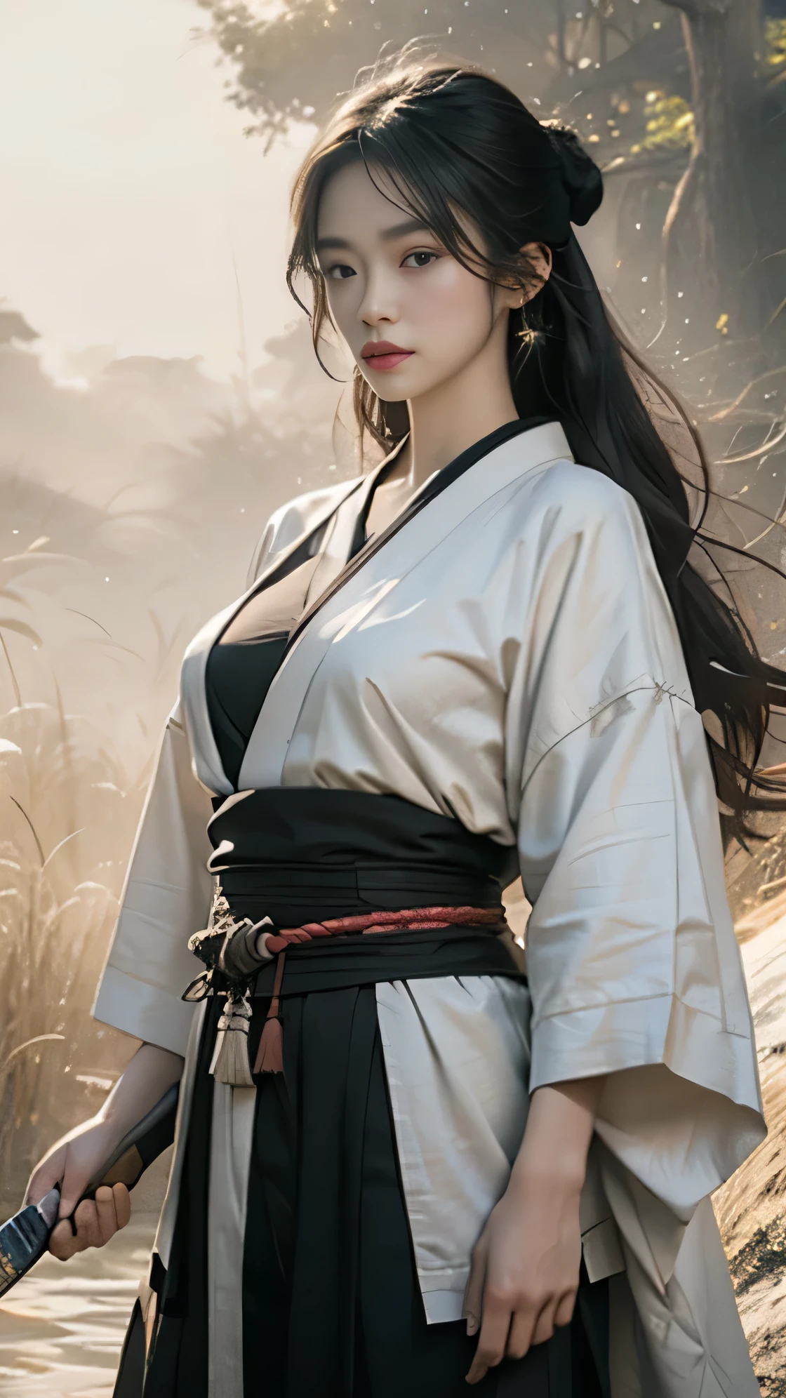 (A woman in her twenties wielding a Japanese sword),(handsome girl), (Hanfu), white skin, surrounded by ink water,Surrounded by the wind, clear face, clear and bright eyes, high detail, whole body, movie lights, motion blur, ray tracing, reflected light, (enlargement), masterpiece, best quality, high quality, high details, super detail, 1080p, UHD, HD, character design, photorealistic, Unreal Machine, concept art, Popularity of Art Station, ((realistic)), looking at viewer, fantasy art, Amazing Gradient Colors, amazing detail,absurd, HDR. Japanese Warring States Period, A little bit of cleavage is visible, Bandaged chest., big bust, sexy, from below, Holding a Japanese sword