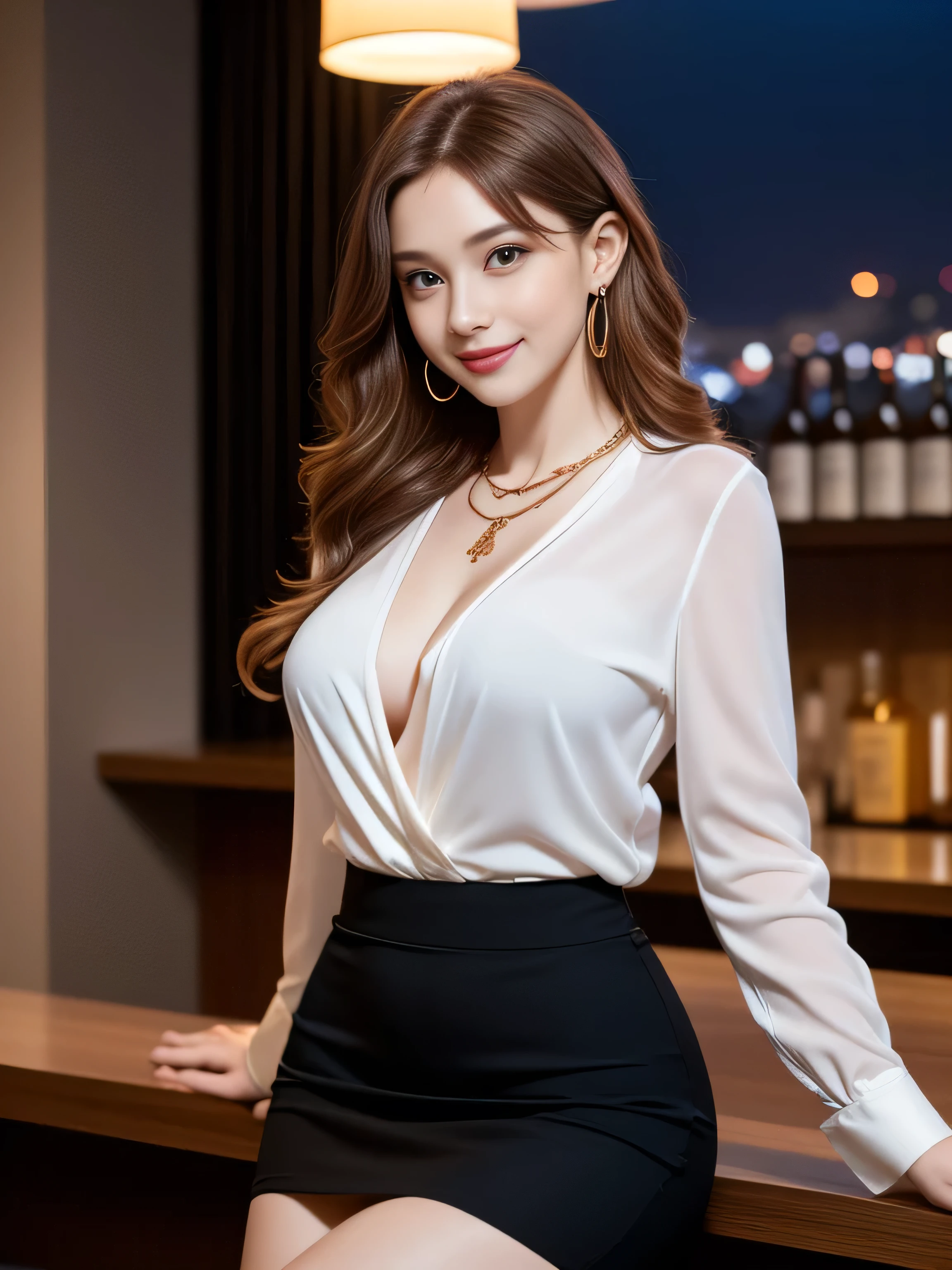Great face and eyes, Compensate, (Very detailed美しい顔), (Sexiest Looks), (Beautiful big breasts:1.1), (highest quality:1.4), (Very detailed), (very detailed CG synthesis 8k wallpaper), Very detailed, RAW Photos, Professional photography, ((suit)), (Tight Skirt), (open front business shirt), Outdoor, (Business district, City of night, illumination), (Near the sky), Written boundary depth,((Loosely inward wavy hair:1.2)),((Gold Necklace＿Large earrings:1.2)),((Extra long brown hair:1.2))((A shy smile:1.3)),((Sits on a bar chair by the counter in a seductive pose in a stylish bar at night:1.1))、((Wearing an elegant blouse, Wearing an ultra-thin blouse:1.3)),