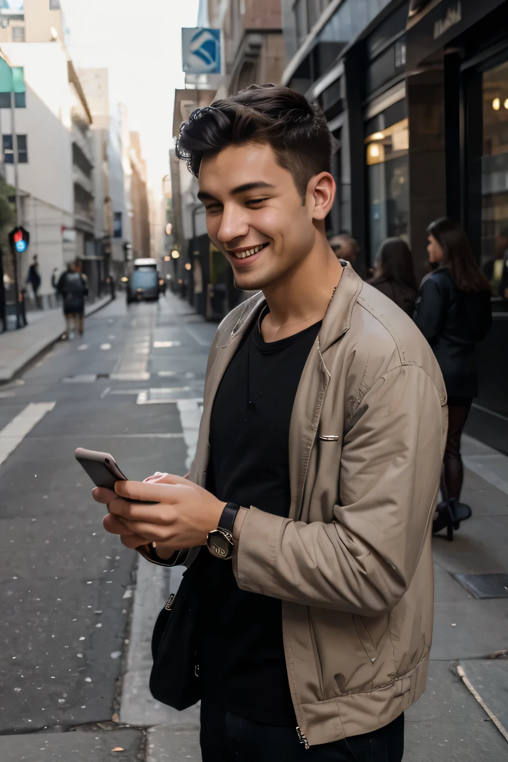 young man on the street with his cell phone in his hand looking at the message and smiling