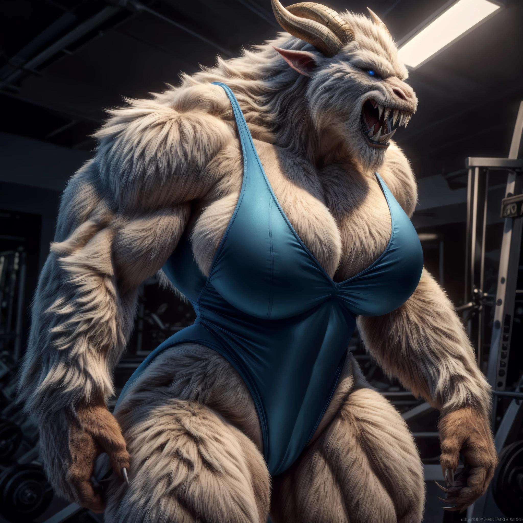 "(best quality, highres, realistic:1.37), photorealistic portrait, solo, woman transformed into a yeti monster, black highleg leotard (thong leotard), large busty breasts, super muscular body, curvy figure, broad hips, fur covering the body, long flowing hair, sharp claws, intimidating sharp teeth, strong jaws, imposing horns, piercing blue eyes, dynamic lighting, setting: gym,"
