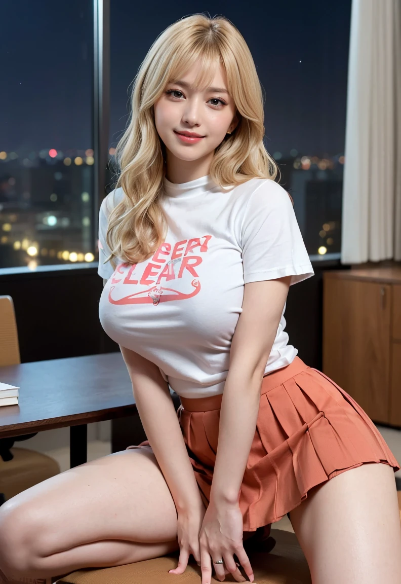 (((neat woman,Bright-eyed excitement,kind big smile,blush,blush,red cheek,please touch me,tempting viewer,i want you))),(kneeling,spread legs apart,hand between legs),((((blush,red cheek)))),(cinematic lighting), (Photo real:1.4)、(A hyper-realistic:1.4)、(Photorealistic:1.3)、 (gentle lighting: 1.05)、(Improve the lighting quality of your video:0.9)、 32k、25years old woman、photorealistic lighting、Back lighting、Facial Lights、Ray Trace、(bright:1.2)、(Increase quality:1.4)、 (best quality real texture skin)、Fair eyes,delicate face、 Close-up of the face,  ((Wearing the printed high-neck t-shirt, no printed pleated skirt,high-heel),(Bodyline mood improvement:1.1)、Glossy skin、Korean Idol、Nogizaka Idol、good figure,perfect anatomy,Beautiful actress,(((beautiful large breasts,slender waist,slender hip,long slender legs,8heads tall))),(((8heads tall))),(((blonde wavy hair,curtain bangs))),(((in the beautiful modern office of library,super clean night view,in the night))),