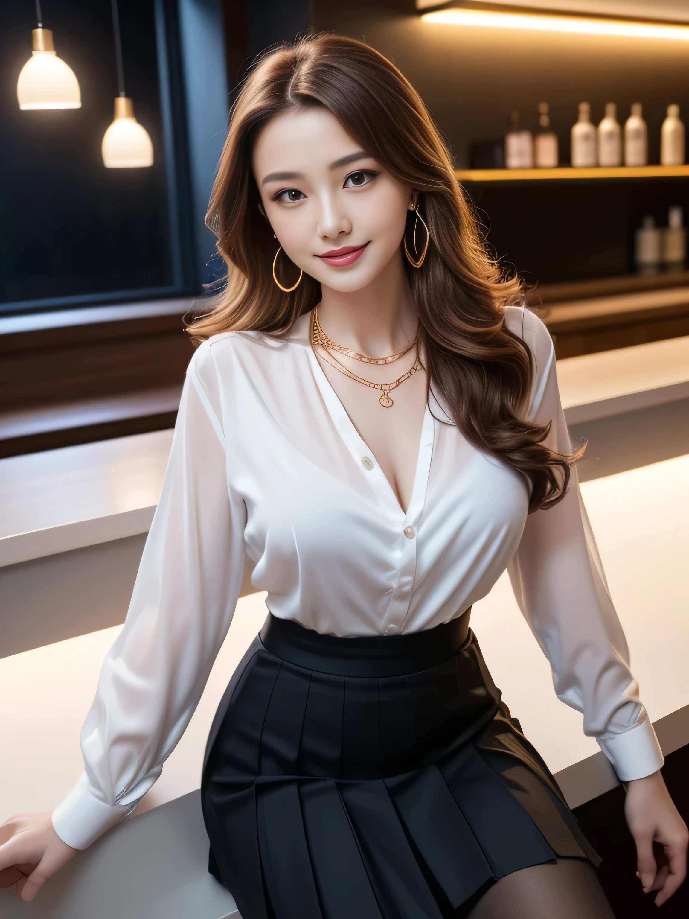 Great face and eyes, Compensate, (Very detailed美しい顔), (Sexiest Looks), (Beautiful big breasts:1.1), (highest quality:1.4), (Very detailed), (very detailed CG synthesis 8k wallpaper), Very detailed, RAW Photos, Professional photography, ((suit)), (Tight Skirt), (open front business shirt), Outdoor, (Business district, City of night, illumination), (Near the sky), Written boundary depth,((Loosely inward wavy hair:1.2)),((Gold Necklace_Large earrings:1.2)),((Extra long brown hair:1.2))((A shy smile:1.3)),((Sits on a bar chair by the counter in a seductive pose in a stylish bar at night:1.1))、((Wearing an elegant blouse, Wearing an ultra-thin blouse:1.3)),((Pleated skirt in off-white:1.3)),
