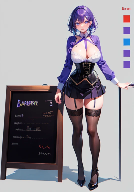 Purple Hair,Shortcuts,Adult female,(((bartender))),((Body Harness)),((Rolling up your sleevesYshirt)),(corset),mini skirt(Short skirt),((garter belt)),High heels,((Simple Background)),smile,((Full Body)),((full body)),((whole body)),Character Sheet,