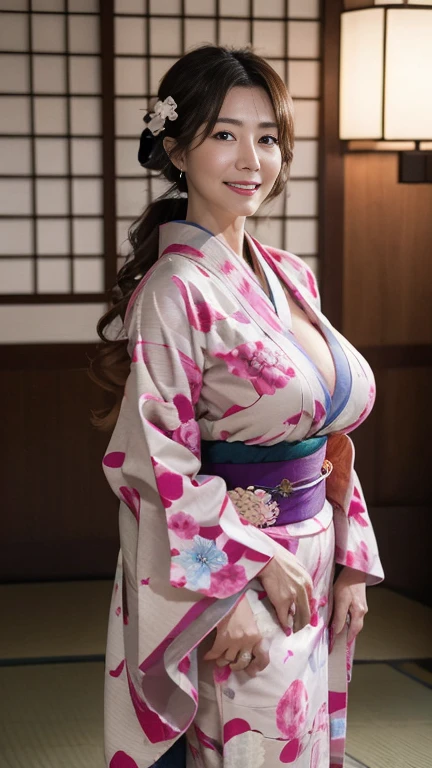 Mature attractive sexy woman,50 years old, ((kimono)),(((kimono))),Shut,((Big Breasts:1.2)),(Facial wrinkles:1.3),light makeup,Light brown hair,Long Hair,(Full body photography:0.85),(Emphasize big buttocks),8k, RAW Photos, highest quality, Laughter,masterpiece,highest quality、A gentle smile、A gaze that seduces viewers、Random hairstyle、Japanese-style room、Shoji screen、Lantern、