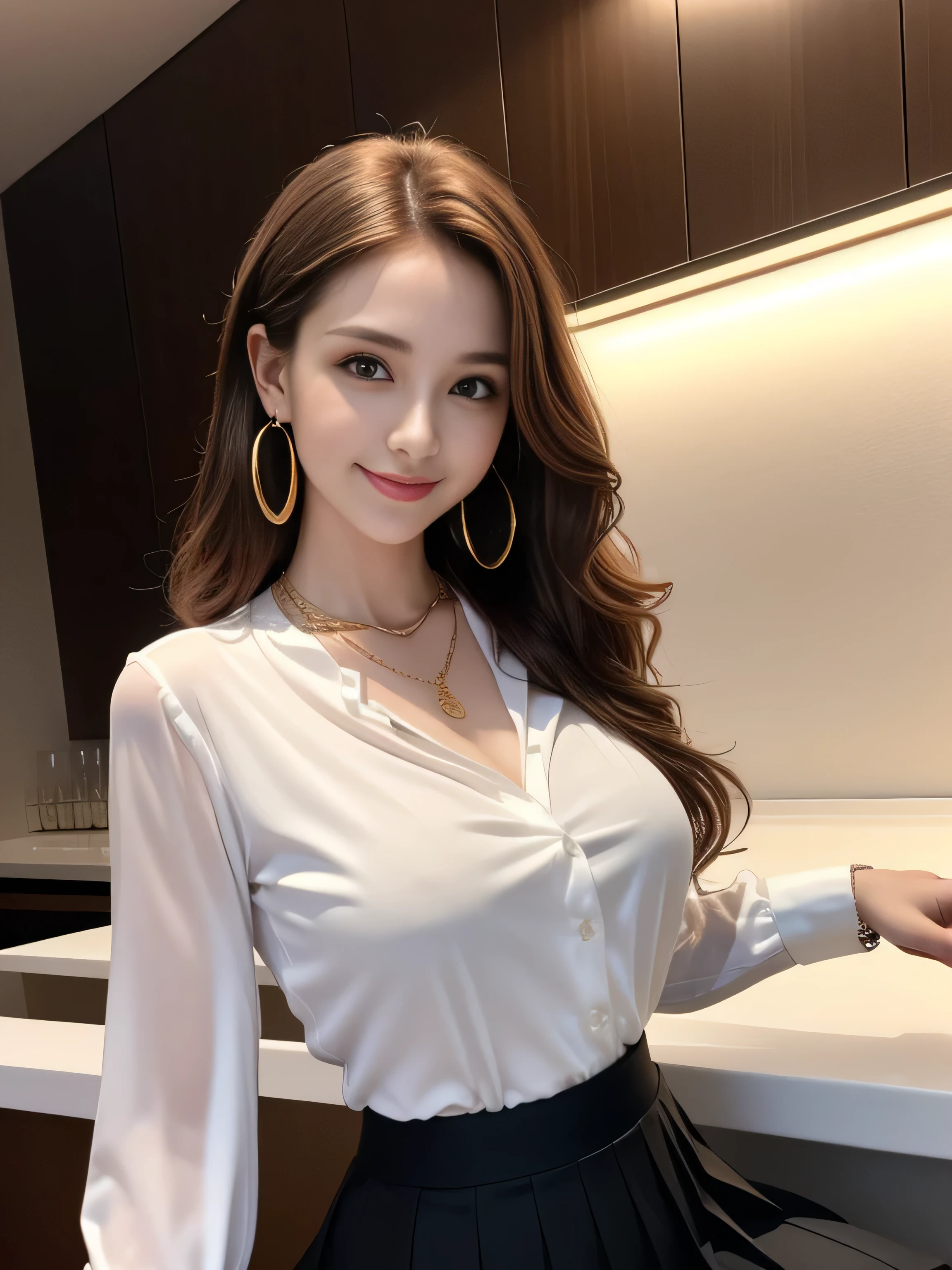 Great face and eyes, Compensate, (Very detailed美しい顔), (Sexiest Looks), (Beautiful big breasts:1.1), (highest quality:1.4), (Very detailed), (very detailed CG synthesis 8k wallpaper), Very detailed, RAW Photos, Professional photography, ((suit)), (Tight Skirt), (open front business shirt), Outdoor, (Business district, City of night, illumination), (Near the sky), Written boundary depth,((Loosely inward wavy hair:1.2)),((Gold Necklace＿Large earrings:1.2)),((Extra long brown hair:1.2))((A shy smile:1.3)),((Sits on a bar chair by the counter in a seductive pose in a stylish bar at night:1.1))、((Wearing an elegant blouse, Wearing an ultra-thin blouse:1.3)),((Pleated skirt in off-white:1.3)),