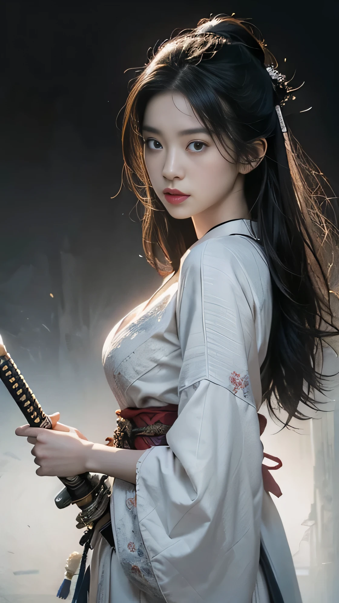 (A woman in her twenties wielding a Japanese sword),(handsome girl), (Hanfu), white skin, surrounded by ink water,Surrounded by the wind, clear face, clear and bright eyes, high detail, whole body, movie lights, motion blur, ray tracing, reflected light, (enlargement), masterpiece, best quality, high quality, high details, super detail, 1080p, UHD, HD, character design, photorealistic, Unreal Machine, concept art, Popularity of Art Station, ((realistic)), looking at viewer, fantasy art, Amazing Gradient Colors, amazing detail,absurd, HDR. Japanese Warring States Period, A little bit of cleavage is visible, Bandaged chest., big bust, sexy, from below, Holding a Japanese sword, swordsman, Bewitching