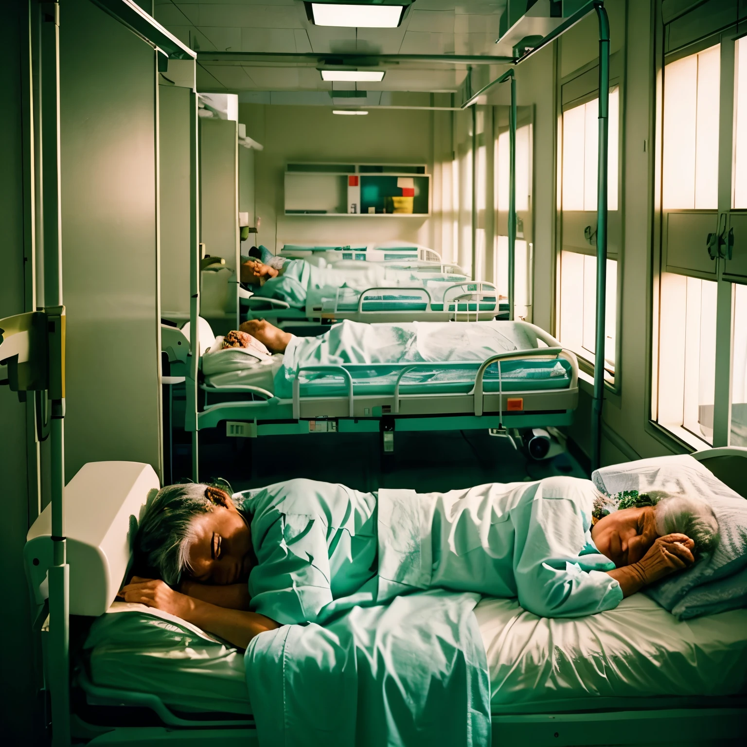 a hospital room full of old people sleeping in oxgen capsules