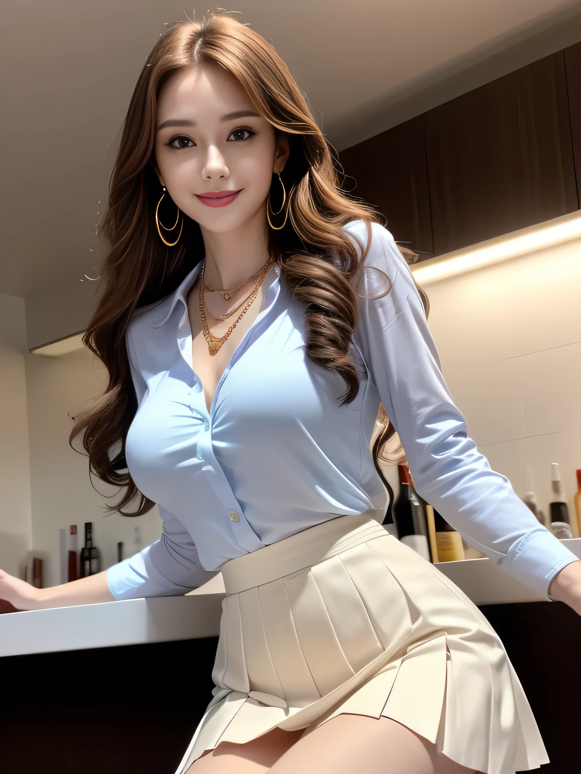 Great face and eyes, Compensate, (Very detailed美しい顔), (Sexiest Looks), (Beautiful big breasts:1.1), (highest quality:1.4), (Very detailed), (very detailed CG synthesis 8k wallpaper), Very detailed, RAW Photos, Professional photography, ((suit)), (Tight Skirt), (open front business shirt), Outdoor, (Business district, City of night, illumination), (Near the sky), Written boundary depth,((Loosely inward wavy hair:1.2)),((Gold Necklace＿Large earrings:1.2)),((Extra long brown hair:1.2))((A shy smile:1.3)),((Sits on a bar chair by the counter in a seductive pose in a stylish bar at night:1.1))、((Wearing an elegant blouse, Wearing an ultra-thin blouse:1.3)),((Pleated skirt in off-white:1.3)),