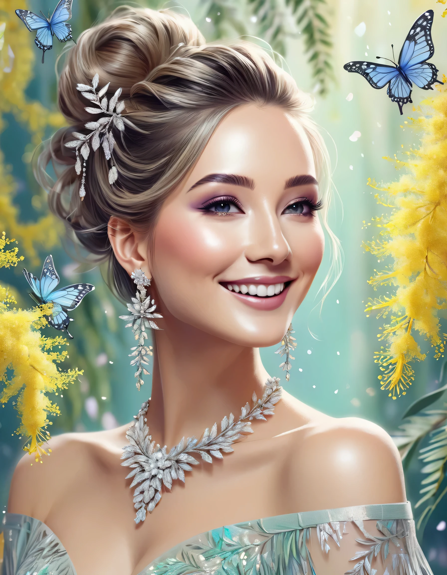 Sketch,fengsh illustration,on the background of willow and mimosa,sophisticated hairstyle+flowers,bare shoulders,earrings,necklace,makeup,smiles romantically,light haze,bright fractal,butterflies,glitter rhinestone,grace,hyper detail,beautiful,