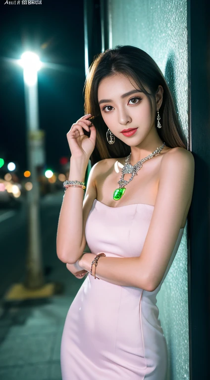 die, die,Strapless Dress, ((whole body)), ((From below)), ((Jiufeng,Exposing shoulders)), Clear Face, Pretty face, 8k, masterpiece, Original photo, highest quality, detailed:1.2,real, detailed, Very detaileded, CG, Unity, wallpaper, Depth of written boundary, movie light, Lens flare, Ray Tracing, (Very beautiful face, Beautiful Lips, Beautiful Eyes), complicated, detailed的脸, ((ultra detaileded skin)), 1 girl, In the Dark, Deep Shadow, Beautiful Korean Girl, K-Pop Idols,(Very slim figure:1.3), Ample breasts, Slim sexy legs, Graceful posture, (Bright smile), (City night, (Neon Light), (night), Beautiful Korean Girl, White Diamond Earrings, Diameter Bracelet, Deer Necklace, Clear Eyes, Look forward, (Big eyes)
