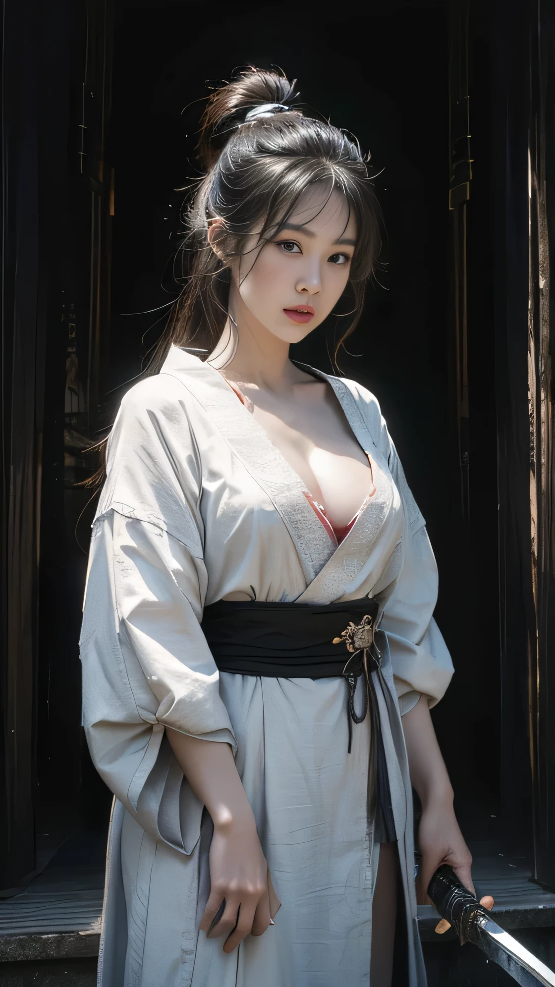 (A woman in her twenties wielding a Japanese sword),(handsome girl), (Hanfu), white skin, surrounded by ink water,Surrounded by the wind, clear face, clear and bright eyes, high detail, whole body, movie lights, motion blur, ray tracing, reflected light, (enlargement), masterpiece, best quality, high quality, high details, super detail, 1080p, UHD, HD, character design, photorealistic, Unreal Machine, concept art, Popularity of Art Station, ((realistic)), looking at viewer, fantasy art, Amazing Gradient Colors, amazing detail,absurd, HDR. Japanese Warring States Period, A little bit of cleavage is visible, Bandaged chest., big bust, sexy, from below, Holding a Japanese sword, swordsman, Bewitching