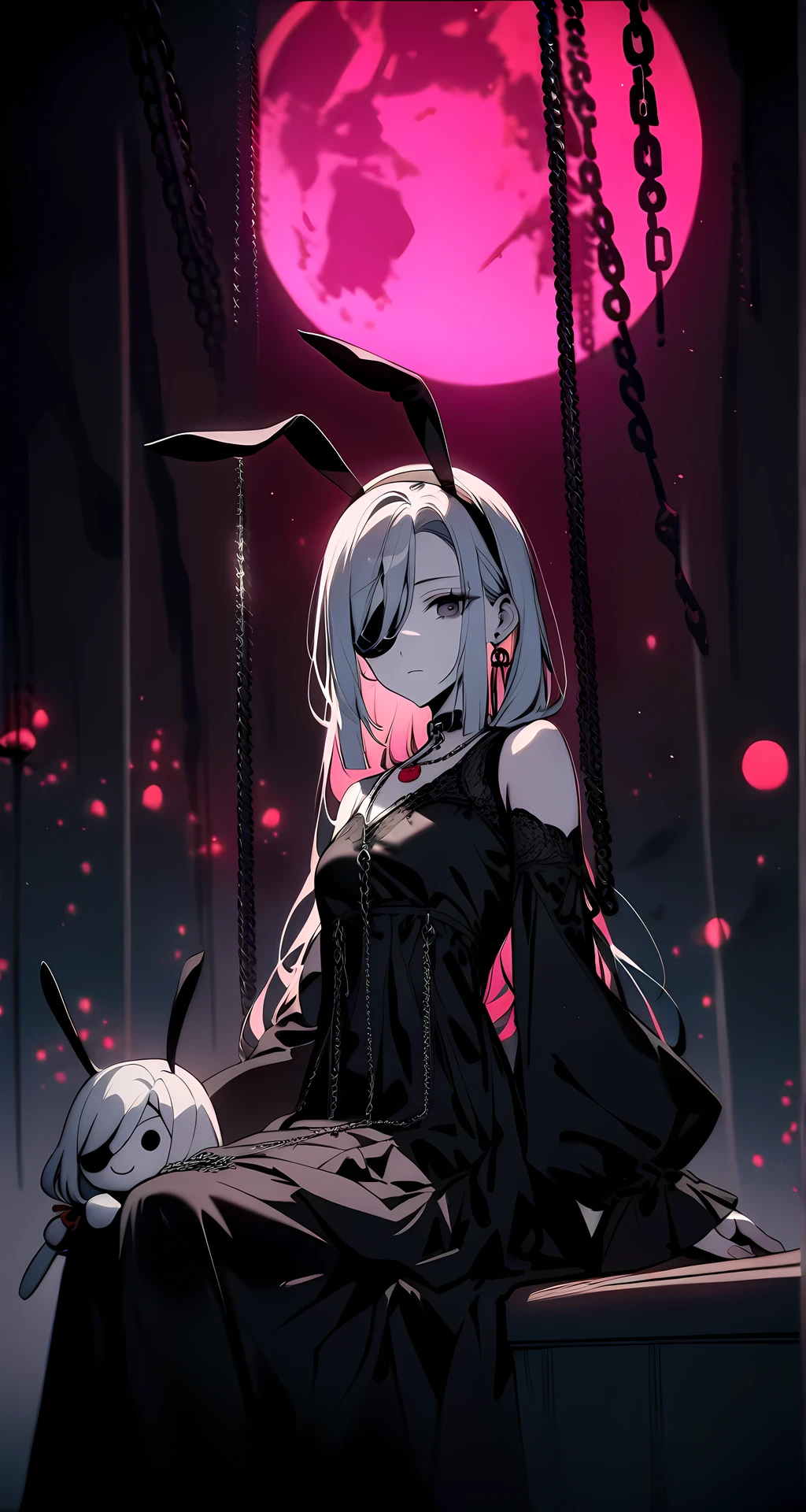 shenhe, ((young girl:1.2)), ((distinctive gothic style:1.2)), ((sleek black dress:1.2)) ((intricate lace details:1.2)), ((eerie aesthetic:1.2)), look at viewer
((black dress flows around her:1.2)), ((bell-shaped sleeves:1.2)),.
((Black chocker with a pendant:1.2)), pale skin, red eyes, sitting down, ((holding creepy bunny doll:1.2)), ((eerie setting:1.2)),
((Dark bunny ears:1.2)),
((Black eye patch:1.2)), beautiful, side view, chains hanging from ceiling, glowing pink moon,
chains hanging from ceiling, glowing pink moon, Perfect hands, ,