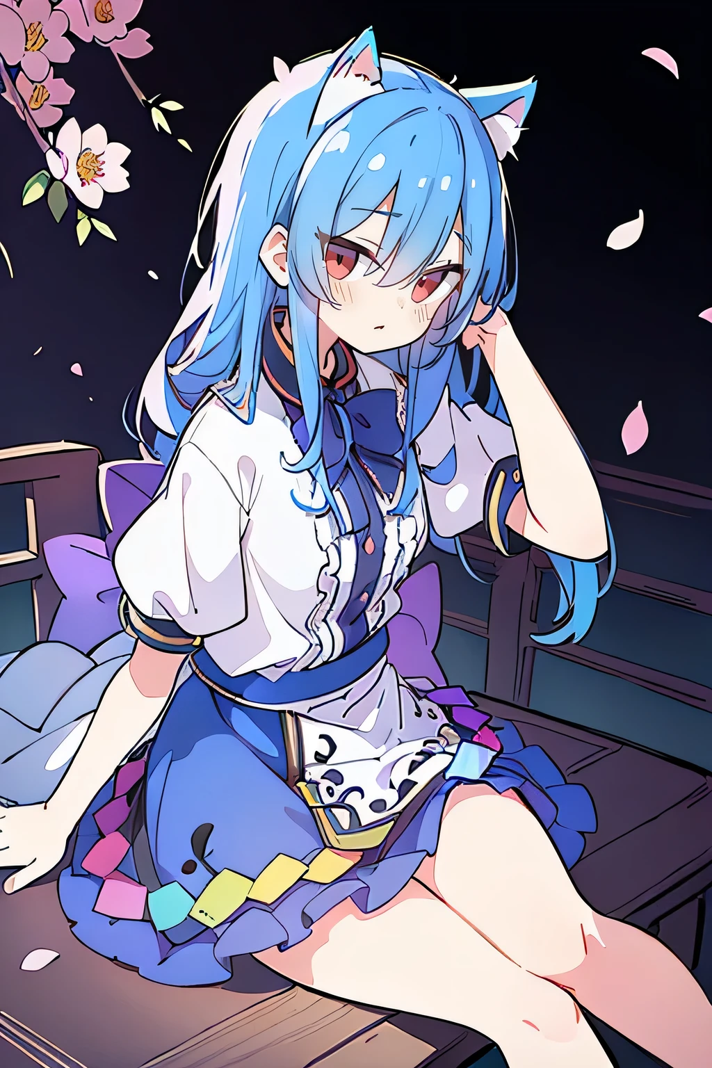 (masterpiece:1.2),ultra-detailed,realistic,expressive eyes,fair-skinned,perfectly shaped face,1girl,
Japanese cartoons,Gorgeous blue hair, flowing blue hair,floating clothes,cat ears,petals falling,beautiful Lola,Hina Angel,
hands on waist,gracefully sitting on the ground,legs crossed,gentle and serene background,cool and comfortable pavilion,night ,