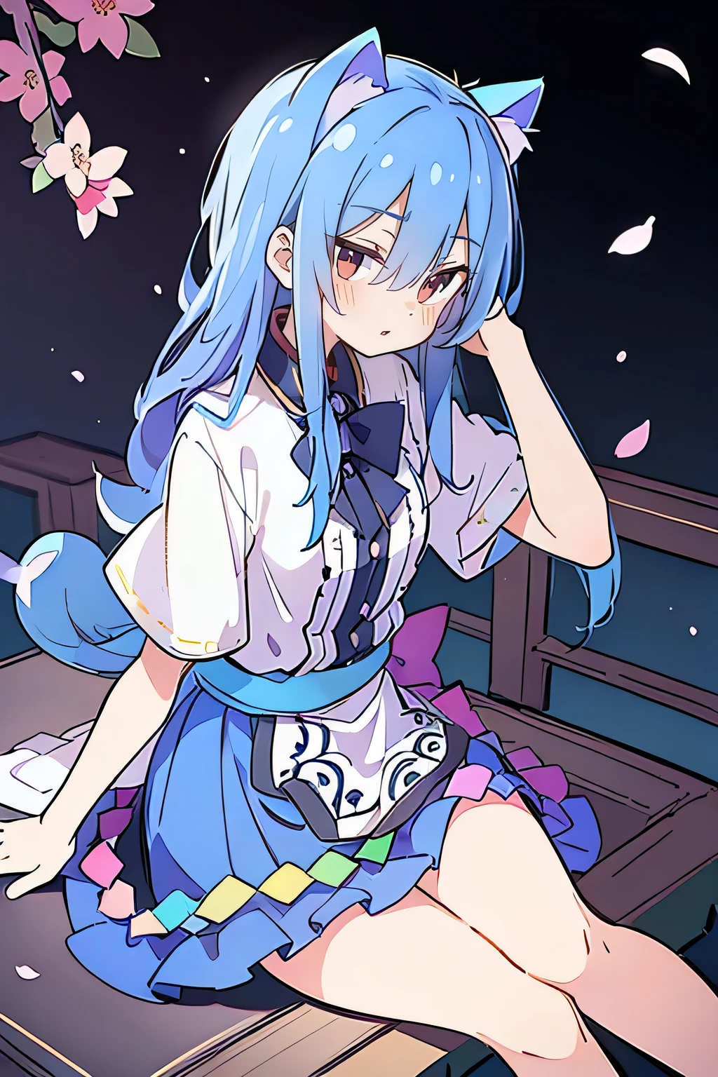 (masterpiece:1.2),ultra-detailed,realistic,expressive eyes,fair-skinned,perfectly shaped face,1girl,
Japanese cartoons,Gorgeous blue hair, flowing blue hair,floating clothes,cat ears,petals falling,beautiful Lola,Hina Angel,
hands on waist,gracefully sitting on the ground,legs crossed,gentle and serene background,cool and comfortable pavilion,night ,
