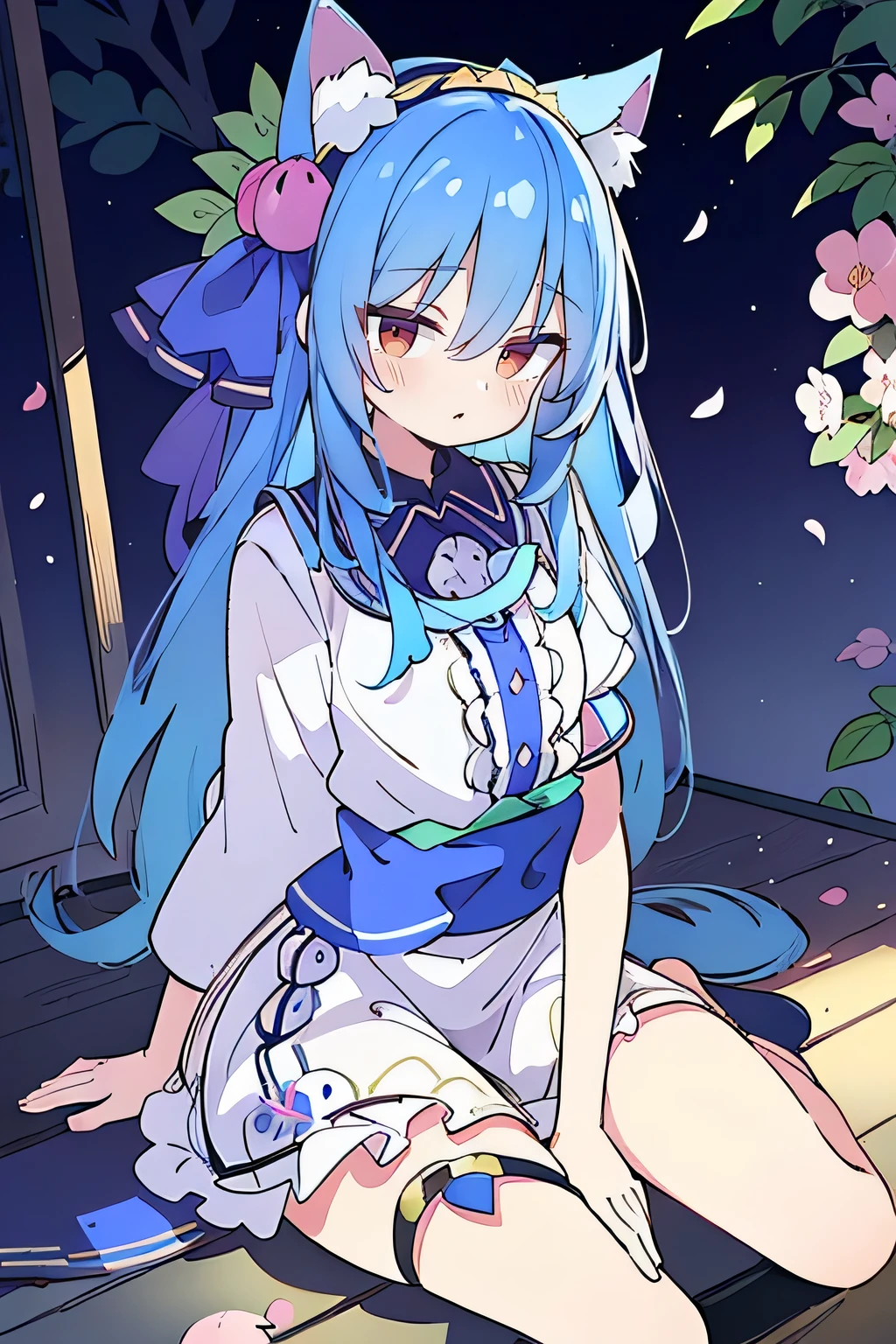 (masterpiece:1.2),ultra-detailed,realistic,expressive eyes,fair-skinned,perfectly shaped face,1girl,
Japanese cartoons,Gorgeous blue hair, flowing blue hair,floating clothes,cat ears,petals falling,beautiful Lola,Hina Angel,
hands on waist,gracefully sitting on the ground,legs crossed,gentle and serene background,cool and comfortable pavilion,night ,