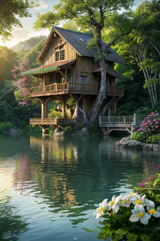 (best quality,4k,highres:1.2),ultra-detailed,realistic,hdr,sharp focus,professional,portraits,concept artists,landscape,photography,physically-based rendering,vivid colors,bokeh,perfection,aesthetically pleasing,coolest tree house,elegant design,meticulous craftsmanship,rustic charm,rice fields,abundance of flowers,lush greenery,swimming pool,tranquil atmosphere,refreshing water,inviting garden,symmetrical arrangement,harmonious colors,warm sunlight,ethereal glow,serene ambiance,gentle breeze,surrounded by nature,peaceful retreat