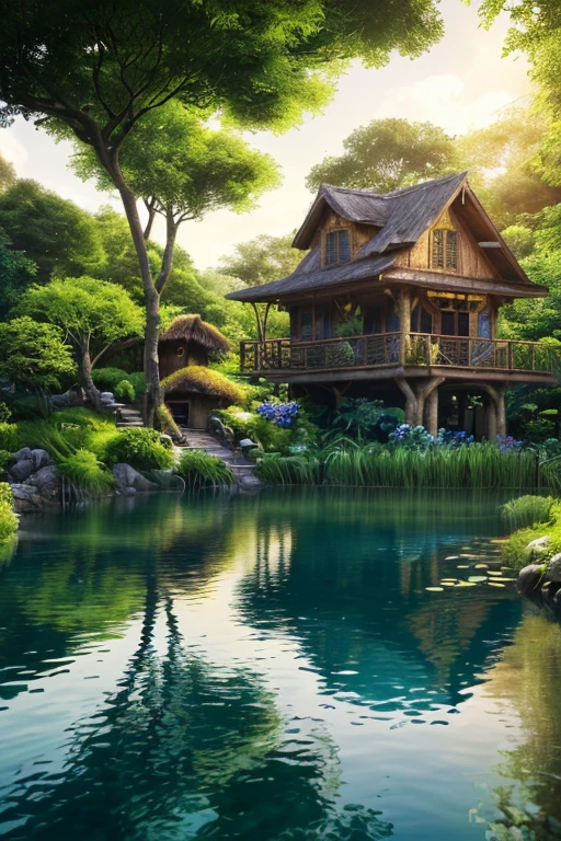(best quality,4k,highres:1.2),ultra-detailed,realistic,hdr,sharp focus,professional,portraits,concept artists,landscape,photography,physically-based rendering,vivid colors,bokeh,perfection,aesthetically pleasing,coolest tree house,elegant design,meticulous craftsmanship,rustic charm,rice fields,abundance of flowers,lush greenery,swimming pool,tranquil atmosphere,refreshing water,inviting garden,symmetrical arrangement,harmonious colors,warm sunlight,ethereal glow,serene ambiance,gentle breeze,surrounded by nature,peaceful retreat