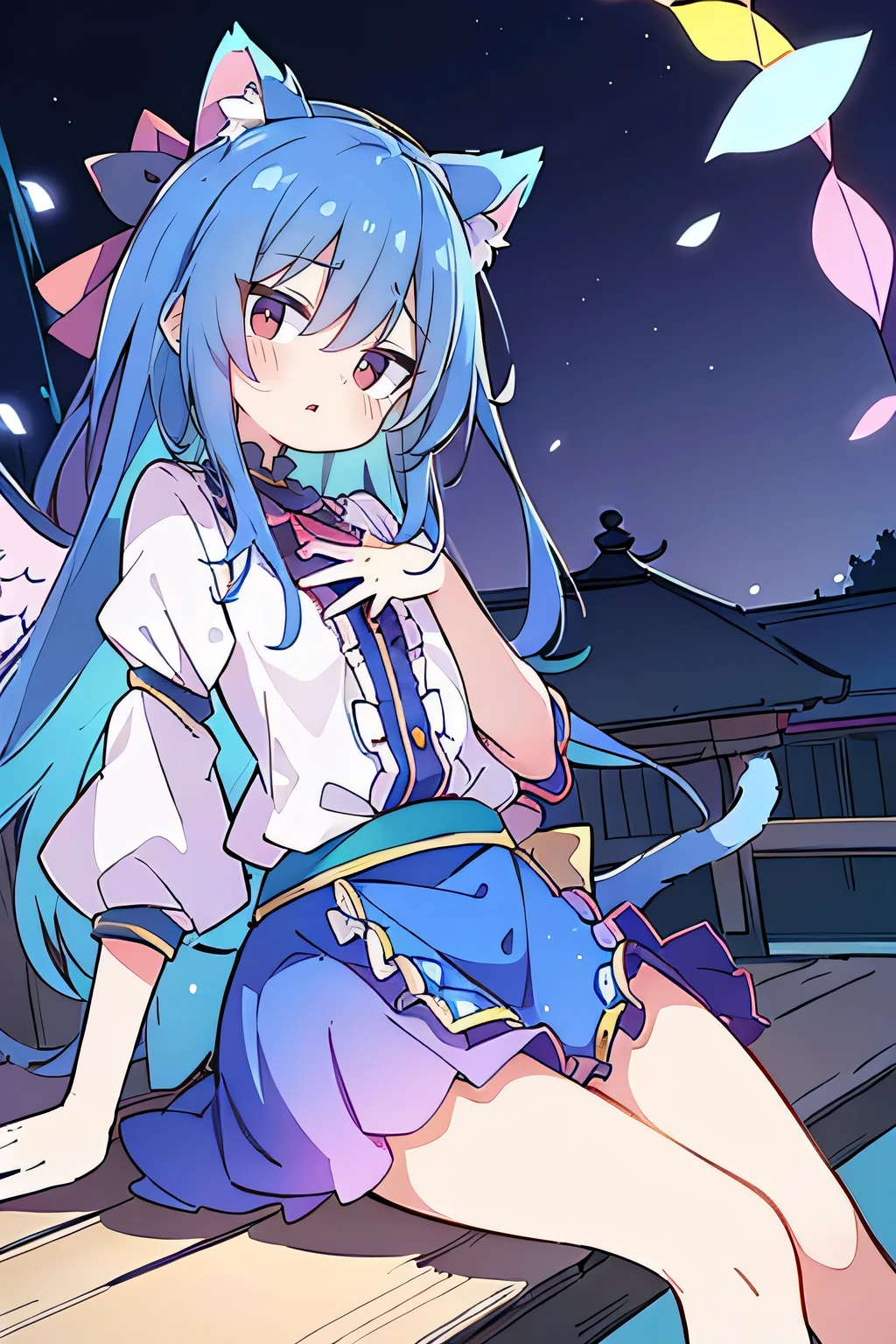 (masterpiece:1.2),ultra-detailed,realistic,expressive eyes,fair-skinned,perfectly shaped face,1girl,
Japanese cartoons,Gorgeous blue hair, flowing blue hair,floating clothes,cat ears,petals falling,beautiful Lola,Hina Angel,
hands on waist,gracefully sitting on the ground,legs crossed,gentle and serene background,cool and comfortable pavilion,night ,