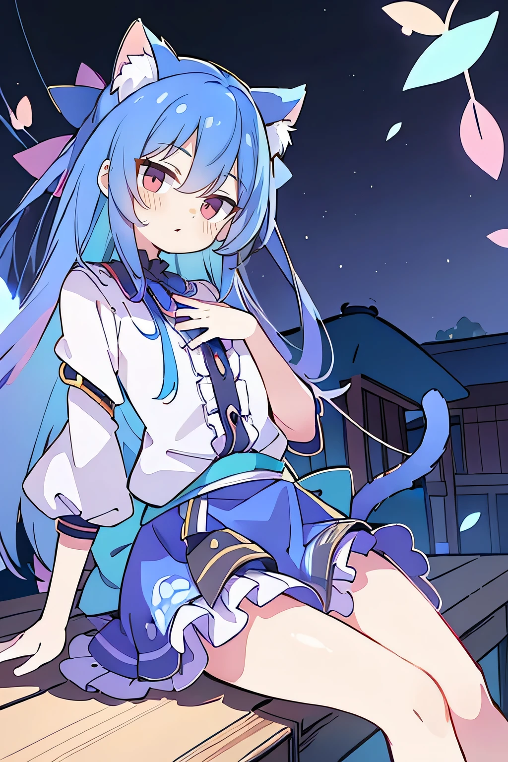 (masterpiece:1.2),ultra-detailed,realistic,expressive eyes,fair-skinned,perfectly shaped face,1girl,
Japanese cartoons,Gorgeous blue hair, flowing blue hair,floating clothes,cat ears,petals falling,beautiful Lola,Hina Angel,
hands on waist,gracefully sitting on the ground,legs crossed,gentle and serene background,cool and comfortable pavilion,night ,