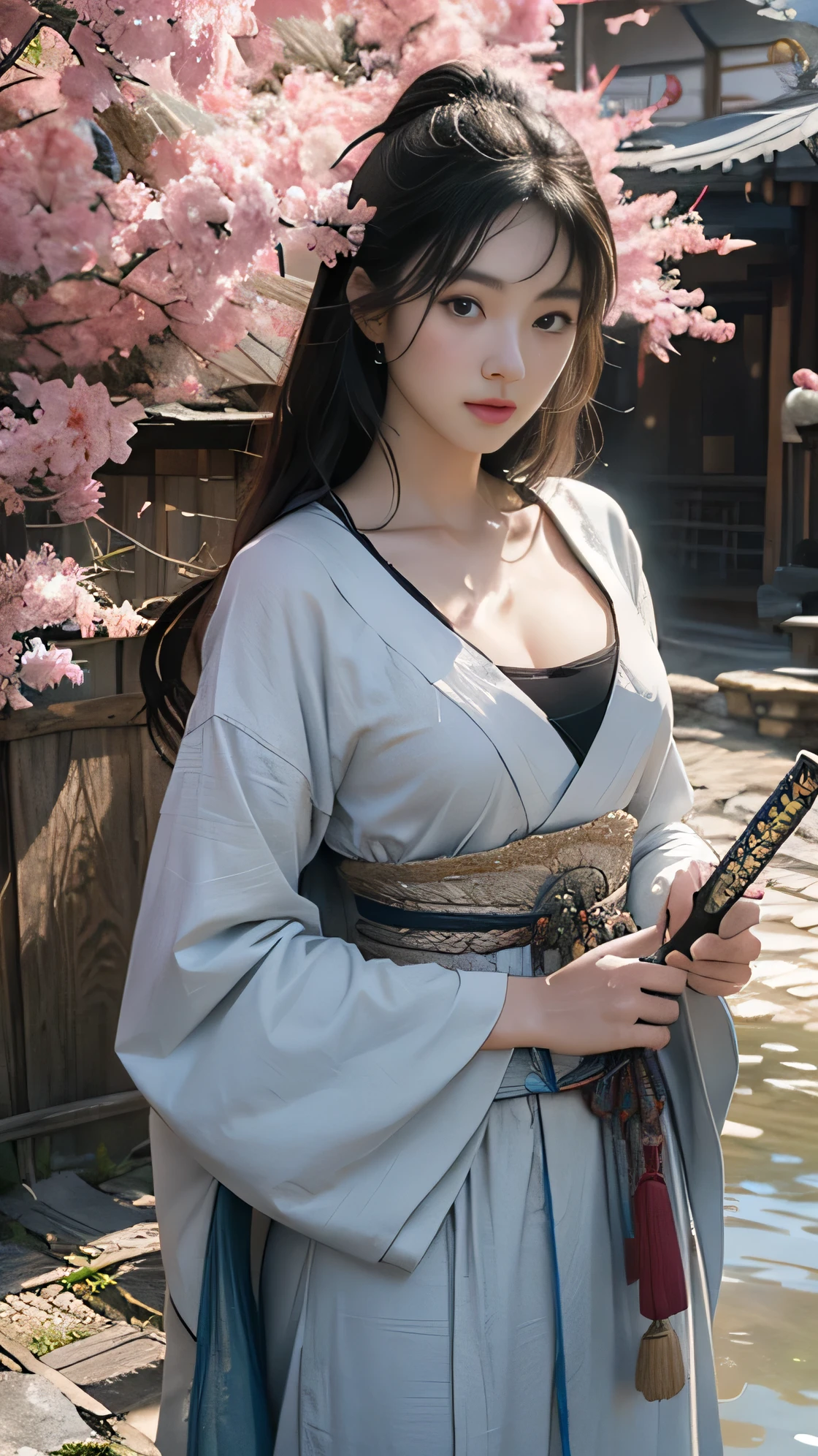 (A woman in her twenties wielding a Japanese sword),(handsome girl), (Hanfu), white skin, surrounded by ink water,Surrounded by the wind, clear face, clear and bright eyes, high detail, whole body, movie lights, motion blur, ray tracing, reflected light, (enlargement), masterpiece, best quality, high quality, high details, super detail, 1080p, UHD, HD, character design, photorealistic, Unreal Machine, concept art, Popularity of Art Station, ((realistic)), looking at viewer, fantasy art, Amazing Gradient Colors, amazing detail,absurd, HDR. Japanese Warring States Period, A little bit of cleavage is visible, Bandaged chest., big bust, sexy, from below, Holding a Japanese sword, swordsman, Bewitching