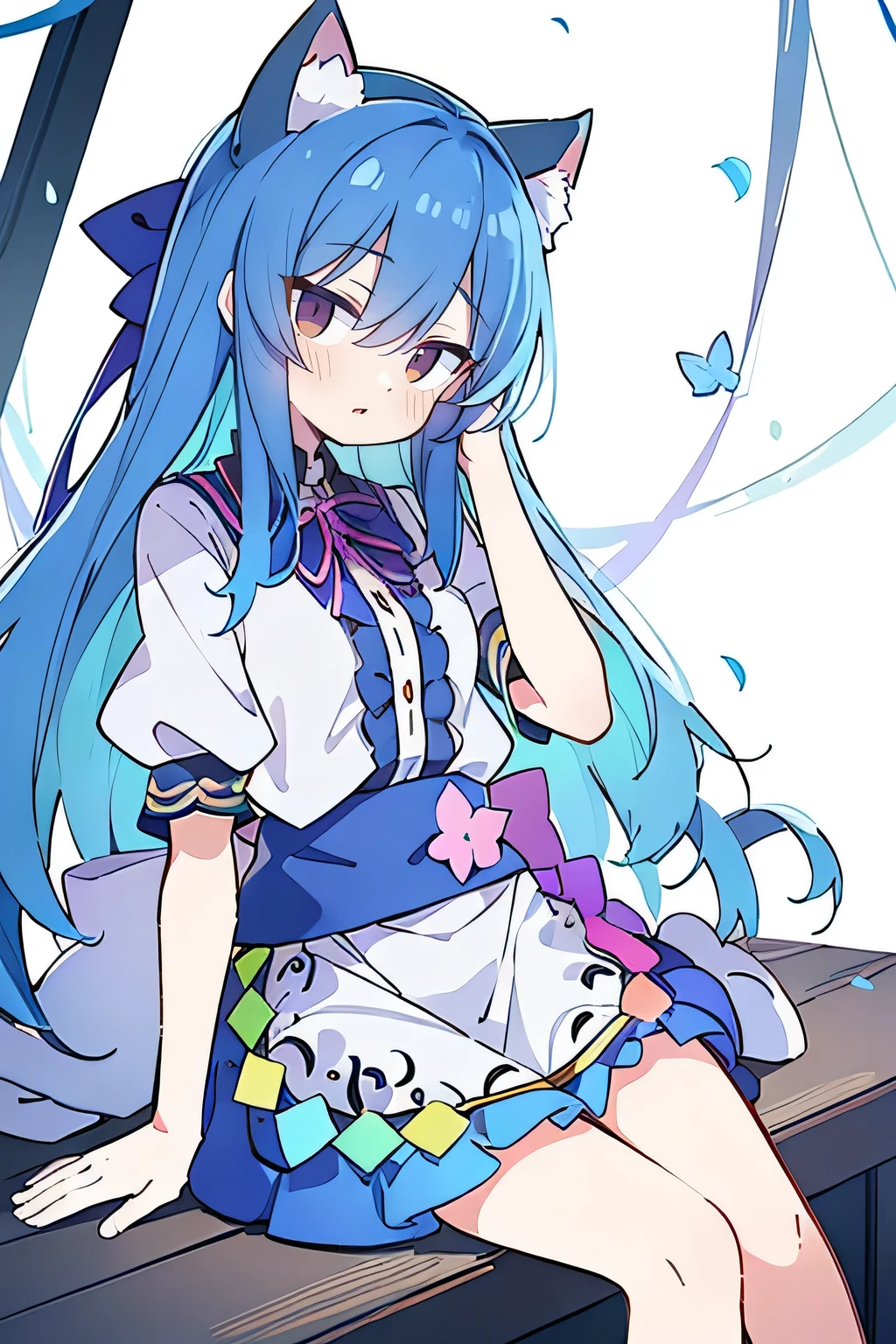 (masterpiece:1.2),ultra-detailed,realistic,expressive eyes,fair-skinned,perfectly shaped face,1girl,
Japanese cartoons,Gorgeous blue hair, flowing blue hair,floating clothes,cat ears,petals falling,beautiful Lola,Hina Angel,
hands on waist,gracefully sitting on the ground,legs crossed,gentle and serene background,cool and comfortable pavilion,night ,