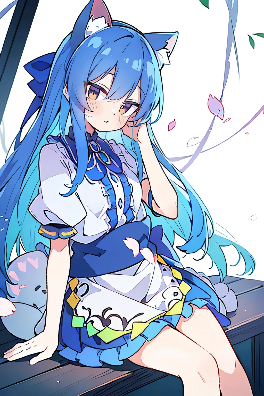 (masterpiece:1.2),ultra-detailed,realistic,expressive eyes,fair-skinned,perfectly shaped face,1girl,
Japanese cartoons,Gorgeous blue hair, flowing blue hair,floating clothes,cat ears,petals falling,beautiful Lola,Hina Angel,
hands on waist,gracefully sitting on the ground,legs crossed,gentle and serene background,cool and comfortable pavilion,night ,