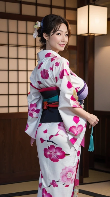 Mature attractive sexy woman,50 years old, ((kimono)),(((kimono))),Shut,((Big Breasts:1.2)),(Facial wrinkles:1.3),light makeup,Light brown hair,Long Hair,(Full body photography:0.85),(Emphasize big buttocks),8k, RAW Photos, highest quality, Laughter,masterpiece,highest quality、A gentle smile、A gaze that seduces viewers、Random hairstyle、Japanese-style room、Shoji screen、Lantern、