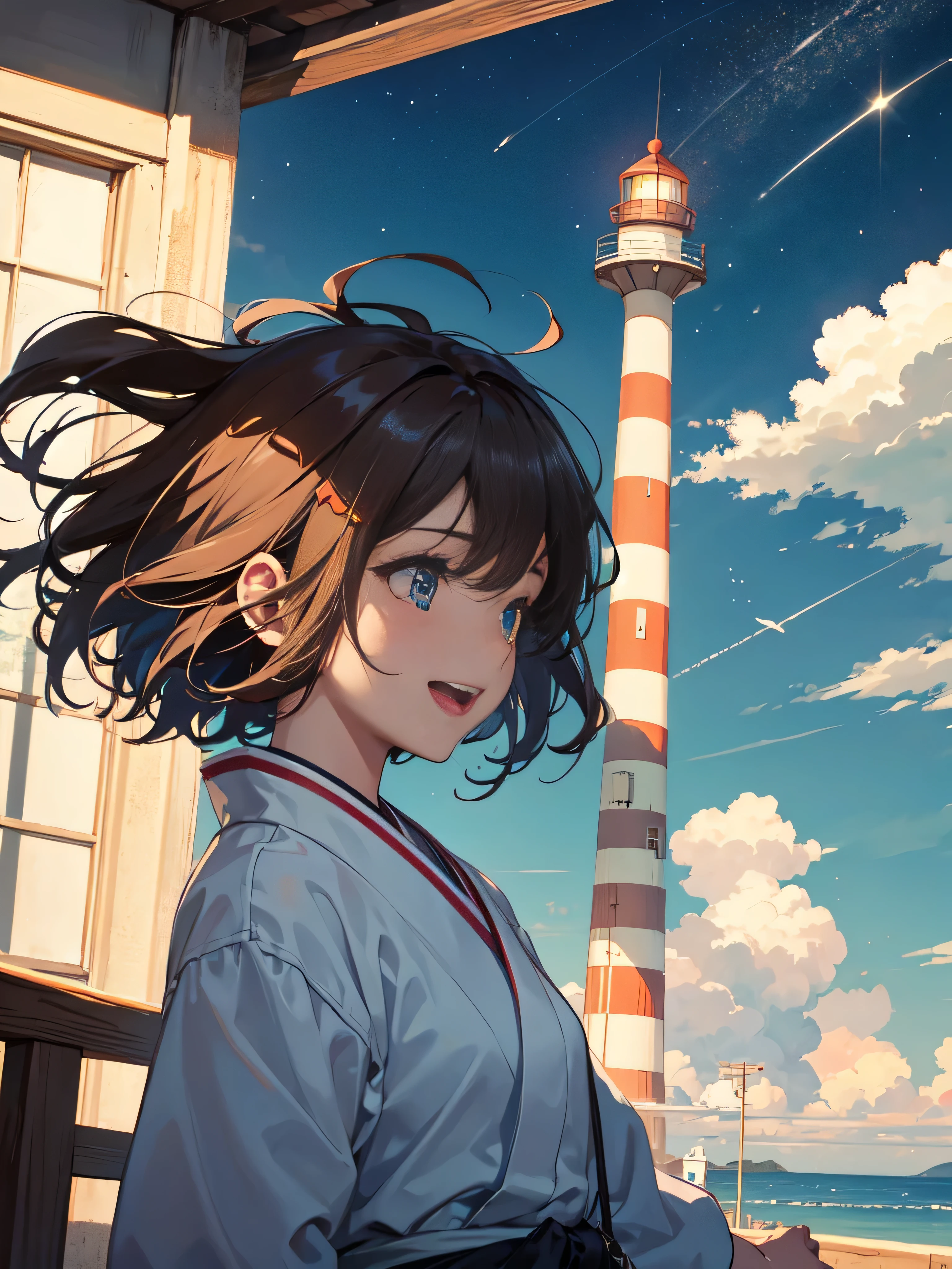high school girl, The wind is blowing,Fluttering Hair,Gust of wind, colorful, , masterpiece, get up, From the side, Laughter, Lighthouse, Starry Sky,short hair,Japanese