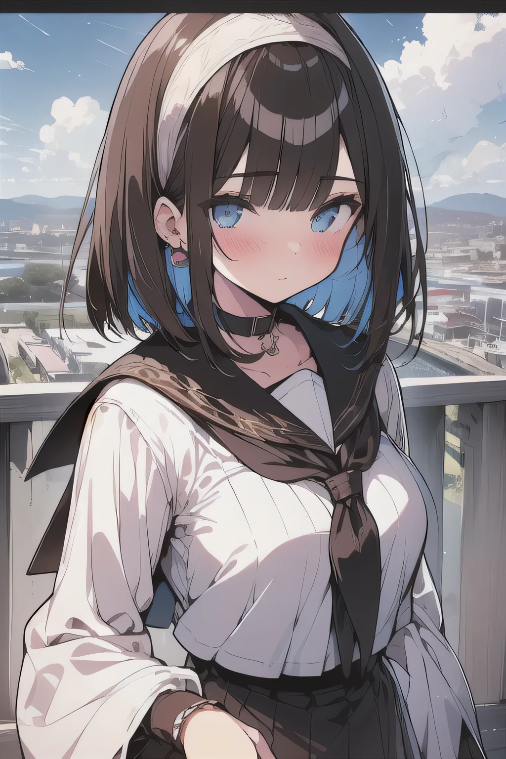 (best quality), (Super detailed), (Best Illustration), (masterpiece), (woman), High Contrast, upper body, (white serafuku), (large breasts), {(detailed eyes), blue eyes}, {brown hair, (sideburns), (bob cut:1.3), curly hair, hairs between eyes, colored inner hair}, blush, earring, hair band, (wind), beautiful sky, (panoramic view:1.4)
