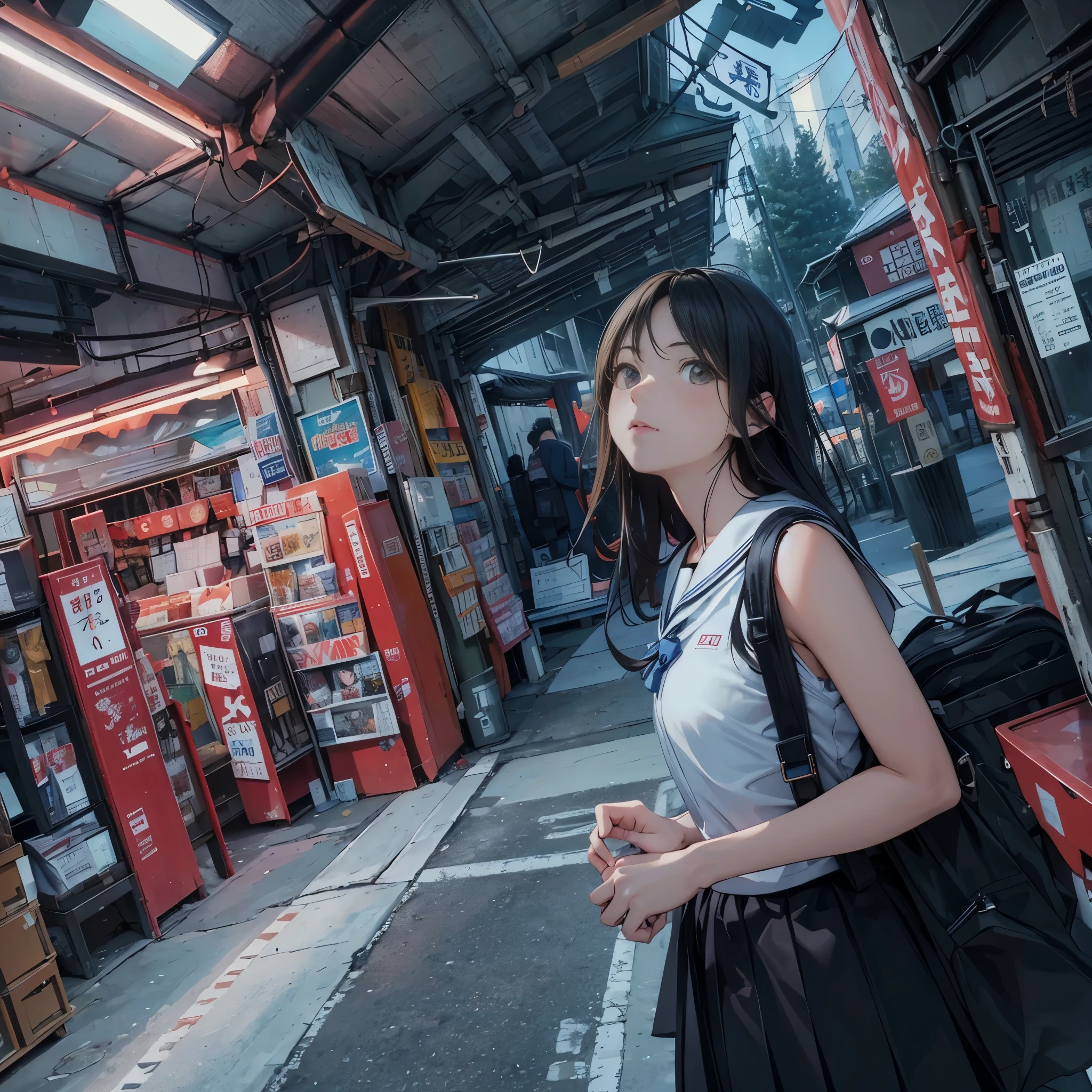 A woman with a backpack is standing on the street, A painting inspired by Yumei, Topics on pixiv, realism, Anime Style mixed with fujifilm, Tokyo Anime Scene, On the streets of Tokyo, Anime Style. 8k, Portrait of a Japan teenager, Real life anime girls, Anime Style 4 k, Realistic Anime 3D Style