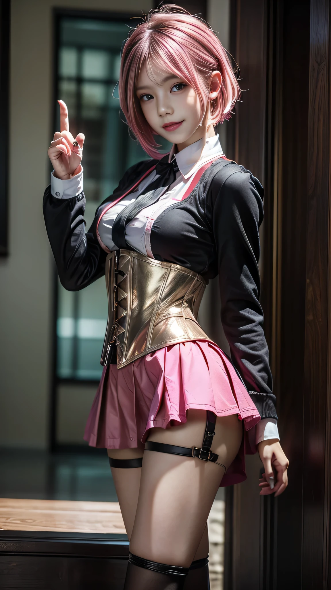 ((school uniform)), (Jumper skirt), ((corset)), ((Four fingers clearly visible)), ((One defined thumb)), (View your viewers), break, sexy, ((alone)), (1 female), ((Age 25)), ((highest quality)), ((masterpiece)), (Familiar), Skin dents, Perfect Face, 8k , (Cowboy Shot), break, short hair, (((Pink Hair 1.5))), Bobcut, black eye, Beautiful Princess, smile, Thin thighs, Medium chest, Perfect limbs, ((Metallic costumes)), (Nipples are visible:0.9), (Camel Toe:0.4), sexy, Are standing,