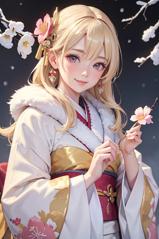 Very detailed CG Unity 8K wallpaper, Cute One lady, Mature blonde lady ,beautiful  lady, pale skin (Super masterpiece, Beautiful person, well detailed face polluted smile,  Photorealistic, hyper realisitic), Colorful winter kimono in gold and white colors ,white fur、 Japanese Style Hair Accessories、smile、Japanese background with pink flowers and snow、Portrait、