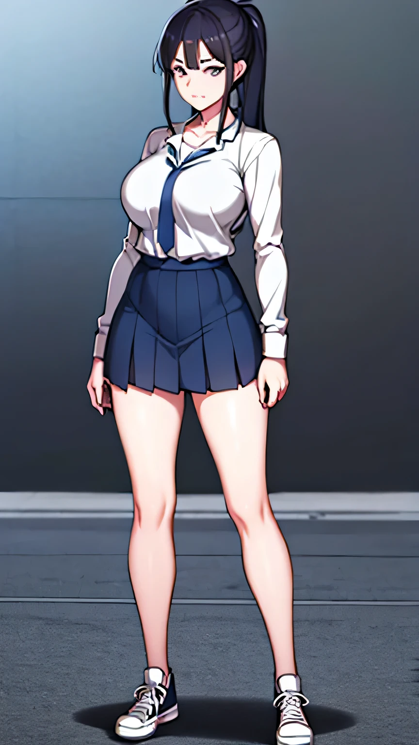 anime girl with ponytail and tie in a , anime moe artstyle, as an anime character, wearing , wearing a , nagatoro, an anime girl, cel shaded anime, wearing japanese , hinata hyuga, cel - shaded art style, beautiful anime high school girl, female anime character, anime character, in an anime style, ((full body)), converse, converse high, (big breasts), highly detailed face, cool, mom, tomboy, ((angry eyes)),