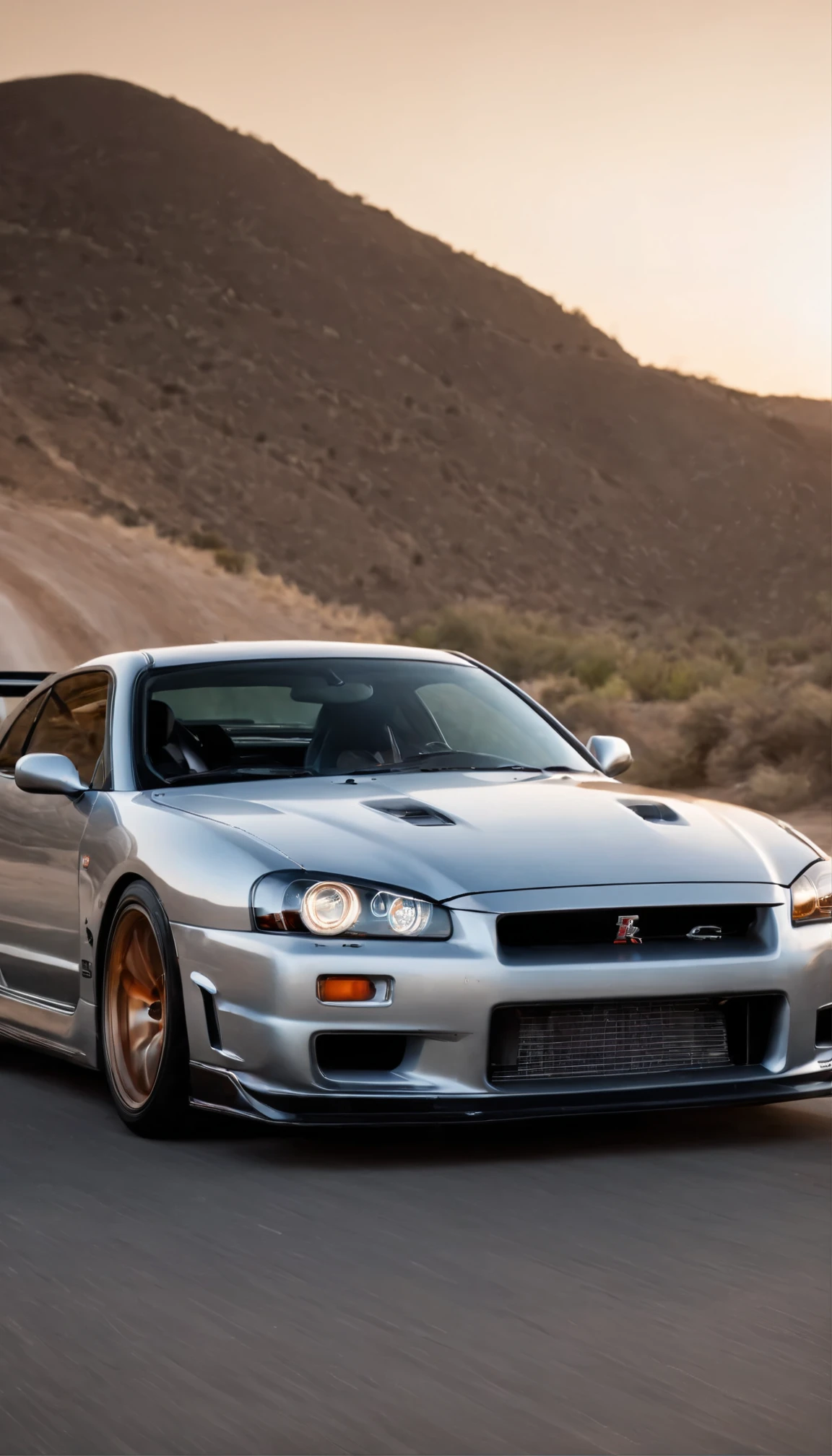 with high definition images，Paul Walker in his iconic racing gear、Holding the wheel of a silver Skyline GT-R、High-definition images create fascinating, cinematic scenes.。The engine roared to life.、The exhaust emits a powerful, burning smoke.。With the sunset in the background、Gives the race track a warm orange glow。The scream of the Skyline&#39;s rev limiter echoes across the deserted landscape.、Paul&#39;s eyes are intently focused on the finish line。The vibrant colors of the morning glow blend seamlessly with the smooth curves of the GT-R.、Creates breathtaking, dynamic images。Paul Walker&#39;s perfect photo in the best possible picture