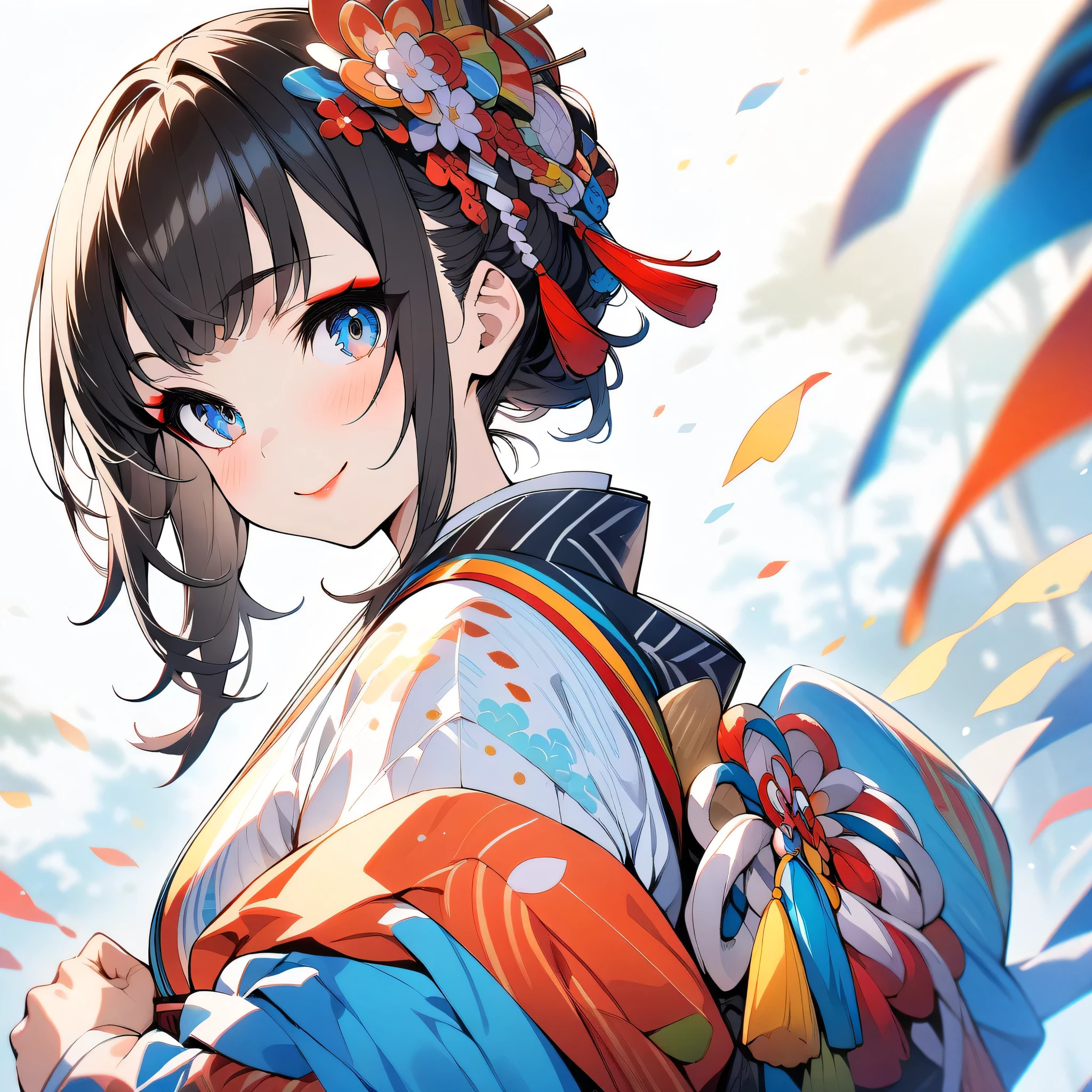 (masterpiece), (best quality), illustration, ultra detailed, hdr, Depth of field, (colorful), ,1girl,bangs,black hair,blush,closed mouth,hair ornament,japanese clothes,kimono,lipstick,long sleeves,looking at viewer,makeup,blue eyes,red lips,simple background,smile,solo,tassel,upper body,white background