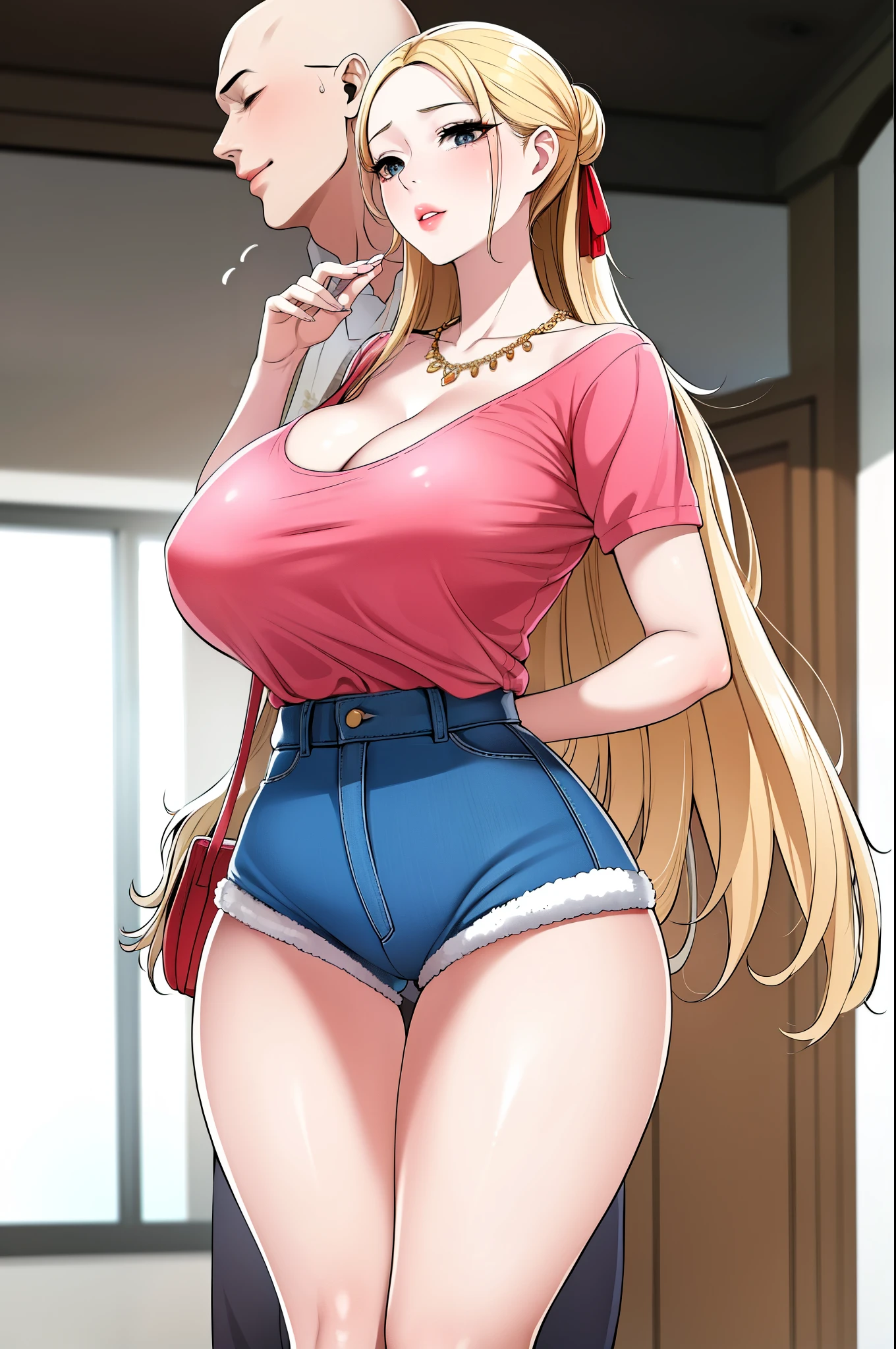 An extremely, insanely beautiful stunning gorgeous pretty cute sexy busty mother with a gorgeous beautiful face, extremely bright snow white fair stunning flawless lush shiny white skin, and complexion, gold blonde hair tied in a cute pony hairstyle with hair ornament, flowers and red ribbon hanging on hair bun, age 23, oceanic stunning shiny big shiny glowing ice blue eyes, bright pink cheek blushes, brown-black eyelashes, pink puffy lips, pink nails, goddess-like extremely cute sweet smile, face full of life, wearing a gold necklace, feet anklets, wearing a sexy short loose revealing thin-soft bright red top with with tight long blue jeans, front open lower back hanging blue sweater, black boots, gold bangles, looking at the viewer, standing straight, insanely tight skinny perfect X hourglass figure, round wide perfect hips, perfect bouncy round breasts, perfect round plump ass poking out of her shorts, holding a pink purse, a big market store in the background, day time, show full body from head to feet.
