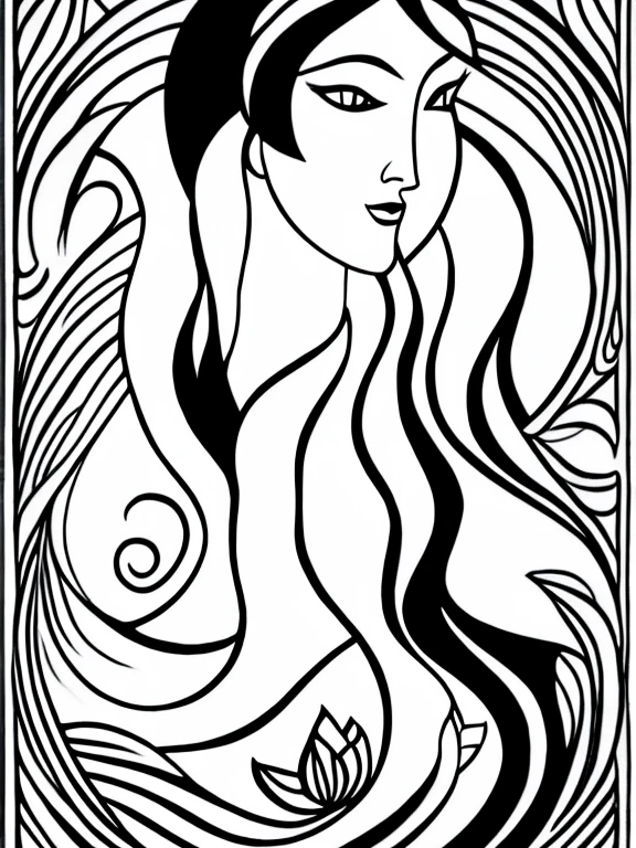 in style of Alexander Archipenko, character, ink art, side view, modern minimalist art, Close-up of a woman with lotus tattoo on her neck,This woman has a delicate and charming face, long black hair, Clear lotus tattoo on neck, Flowing hair vignette, fair face, foxy, slender, beautiful eyes, elegant digital art, Beautiful digital illustrations, beautiful figure painting