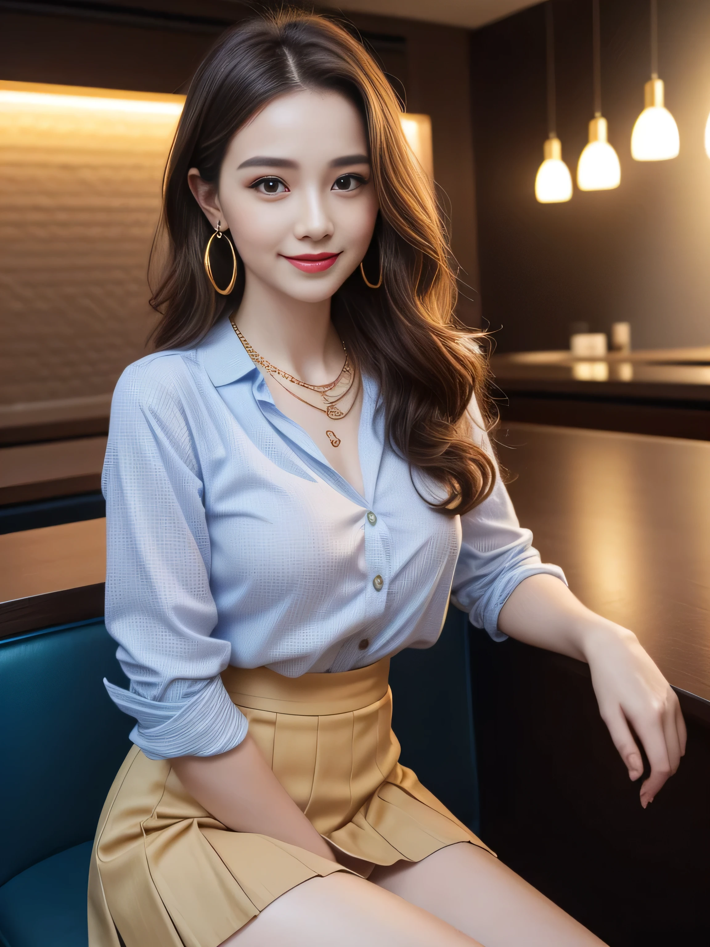 eat face and eyes, Compensate, (Very detailed美しい顔), (Sexiest Looks), (Beautiful big breasts:1.1), (highest quality:1.4), (Very detailed), (very detailed CG synthesis 8k wallpaper), Very detailed, RAW Photos, Professional photography, ((suit)), (Tight Skirt), (open front business shirt), Outdoor, (Business district, City of night, illumination), (Near the sky), Written boundary depth,((Loosely inward wavy hair:1.2)),((Gold Necklace_Large earrings:1.2)),((Extra long brown hair:1.2))((A shy smile:1.3)),((Sits on a bar chair by the counter in a seductive pose in a stylish bar at night:1.1))((wearing Floral blouse :1.3))、((wearing Pleated mini skirt with many checked folds:1.3)),