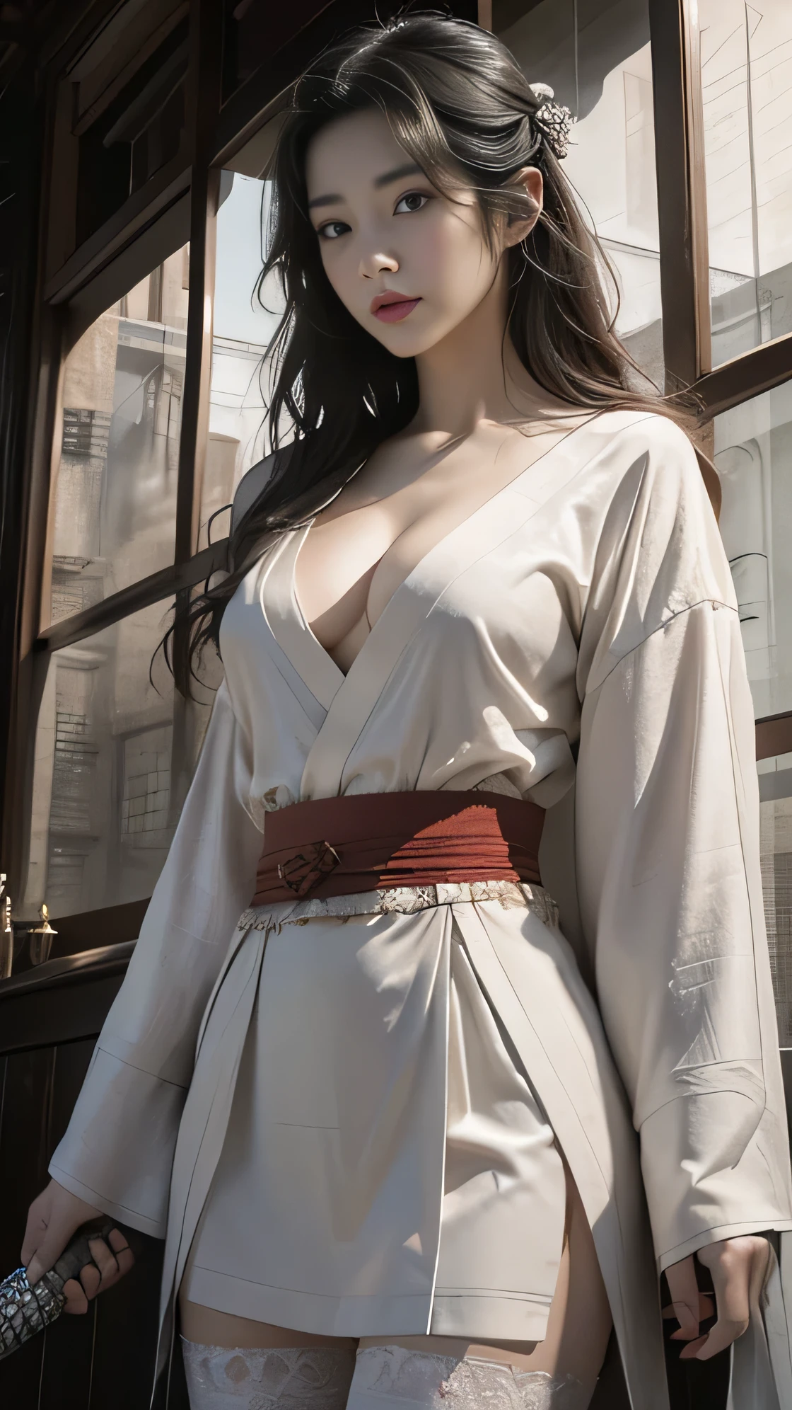 (A woman in her twenties wielding a Japanese sword),(handsome girl), (Hanfu), white skin, surrounded by ink water,Surrounded by the wind, clear face, clear and bright eyes, high detail, whole body, movie lights, motion blur, ray tracing, reflected light, (enlargement), masterpiece, best quality, high quality, high details, super detail, 1080p, UHD, HD, character design, photorealistic, Unreal Machine, concept art, Popularity of Art Station, ((realistic)), looking at viewer, fantasy art, Amazing Gradient Colors, amazing detail,absurd, HDR. Japanese Warring States Period, A little bit of cleavage is visible, Bandaged chest., big bust, sexy, from below, Holding a Japanese sword, swordsman, Bewitching, Your legs are sexy, Undergarments slightly visible, spread the crotch apart, fishnet stockings