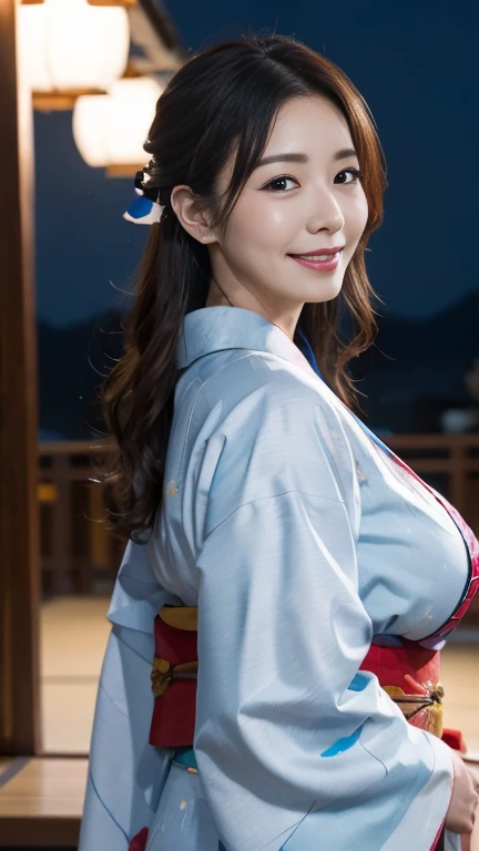 Mature attractive sexy woman,50 years old, ((kimono)),(((kimono))),Shut,((Big Breasts:1.2)),(Facial wrinkles:1.3),light makeup,Light brown hair,Long Hair,(Full body photography:0.85),(Emphasize big buttocks),8k, RAW Photos, highest quality, Laughter,masterpiece,highest quality、A gentle smile、A gaze that seduces viewers、Random hairstyle、Summer festival、Night food stalls、light up、landscape、looks fun、