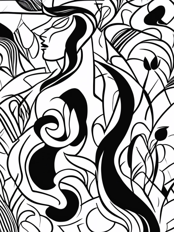 in style of Alexander Archipenko, character, ink art, side view, modern minimalist art, Close-up of a woman with lotus tattoo on her neck,This woman has a delicate and charming face, long black hair, Clear lotus tattoo on neck, Flowing hair vignette, fair face, foxy, slender, beautiful eyes, elegant digital art, Beautiful digital illustrations, beautiful figure painting