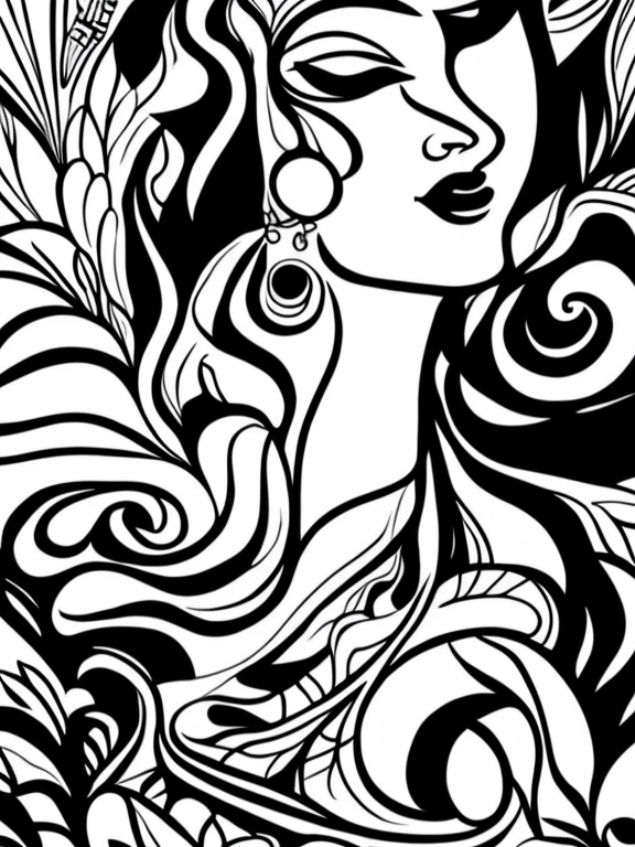 in style of Alexander Archipenko, character, ink art, side view, modern minimalist art, Close-up of a woman with lotus tattoo on her neck,This woman has a delicate and charming face, long black hair, Clear lotus tattoo on neck, Flowing hair vignette, fair face, foxy, slender, beautiful eyes, elegant digital art, Beautiful digital illustrations, beautiful figure painting