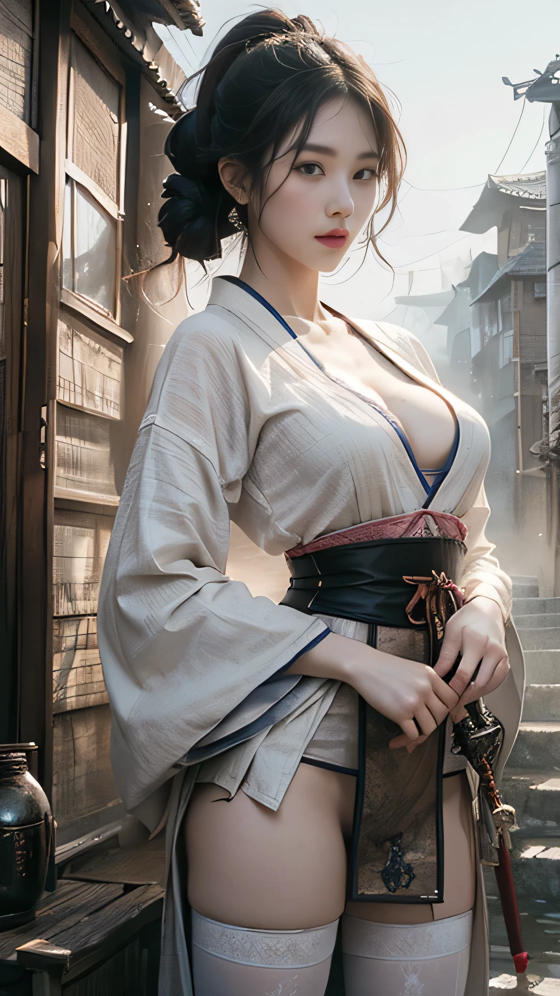 (A woman in her twenties wielding a Japanese sword),(handsome girl), (Hanfu), white skin, surrounded by ink water,Surrounded by the wind, clear face, clear and bright eyes, high detail, whole body, movie lights, motion blur, ray tracing, reflected light, (enlargement), masterpiece, best quality, high quality, high details, super detail, 1080p, UHD, HD, character design, photorealistic, Unreal Machine, concept art, Popularity of Art Station, ((realistic)), looking at viewer, fantasy art, Amazing Gradient Colors, amazing detail,absurd, HDR. Japanese Warring States Period, A little bit of cleavage is visible, Bandaged chest., big bust, sexy, from below, Holding a Japanese sword, swordsman, Bewitching, Your legs are sexy, Undergarments slightly visible, spread the crotch apart, fishnet stockings