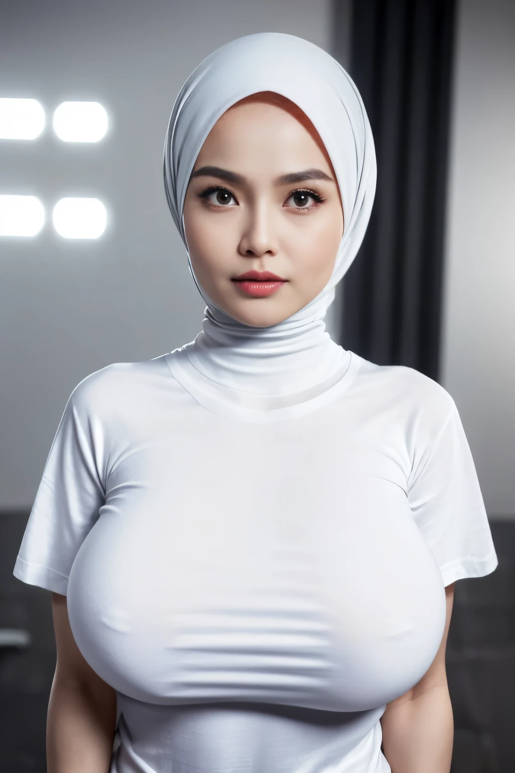 ((SHORT HIJAB)), ((Gigantic tits:1.5)), (dynamic photograph of a 58 year old Indonesian woman), (slim top, cotton panties), (straight non curly hair), (highly detailed face:1.4), (vascular muscles and abs:1.3), (background inside light, bright, private gym:1.1), (8k, uhd, dslr, high quality, cinematic lighting, bokeh), (dramatic, award winning photography, incredible masterpiece:1.3), (((sexy sultry stare at camera:0.8))), ((she is ready to dominate you:0.5)), ((beautiful feminine face)), add_detail:1, (((wearing huge white t-shirt ))), Giantess Concept