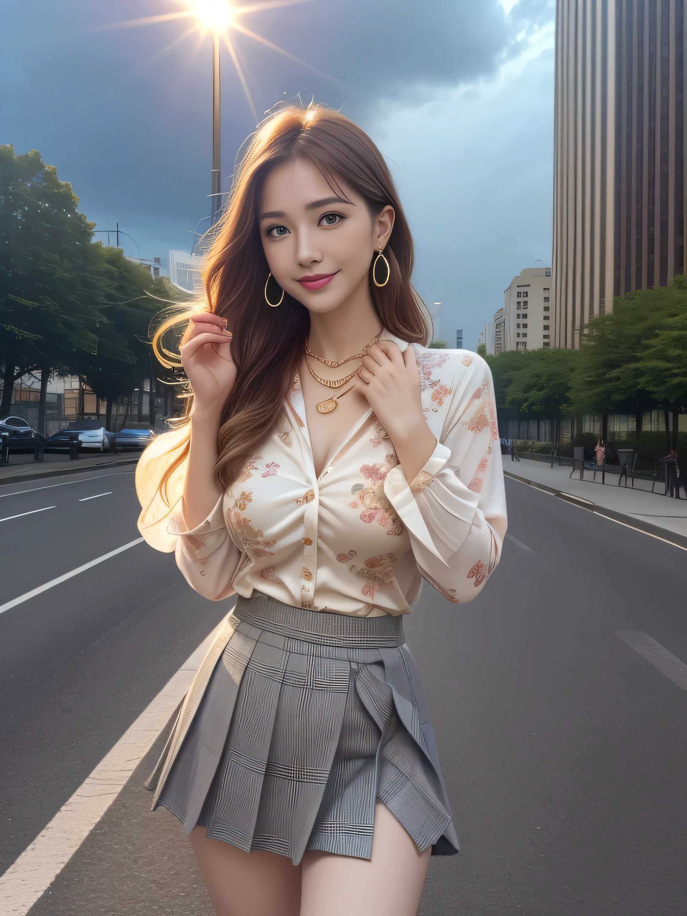 eat face and eyes, Compensate, (Very detailed美しい顔), (Sexiest Looks), (Beautiful big breasts:1.1), (highest quality:1.4), (Very detailed), (very detailed CG synthesis 8k wallpaper), Very detailed, RAW Photos, Professional photography, ((suit)), (Tight Skirt), (open front business shirt), Outdoor, (Business district, City of night, illumination), (Near the sky), Written boundary depth,((Loosely inward wavy hair:1.2)),((Gold Necklace＿Large earrings:1.2)),((Extra long brown hair:1.2))((A shy smile:1.3))((light rays,Tyndall effect,outdoor,cloud:1.4)), ((wearing Floral blouse :1.3))、((wearing Pleated mini skirt with many checked folds:1.3)),((Place your left hand gently on your chin:1.3))