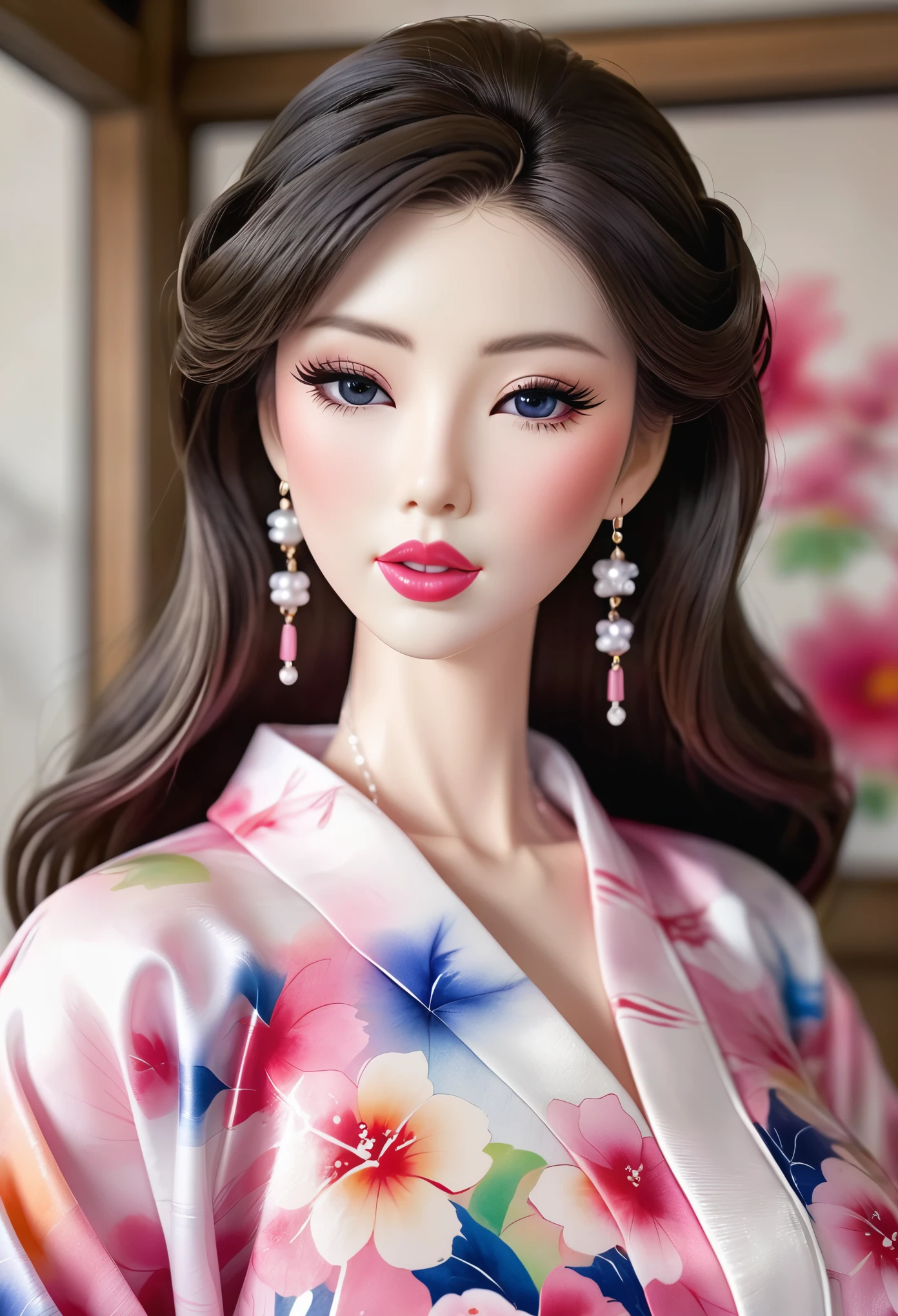 (masterpiece, best quality: 1.2),Barbie doll,，colloid， Sexy eyes，The expression of a kiss，Wet pink and white sexy lips， colloid皮肤，Slim body，earrings（（Watercolor pattern kimono）），full-body shot