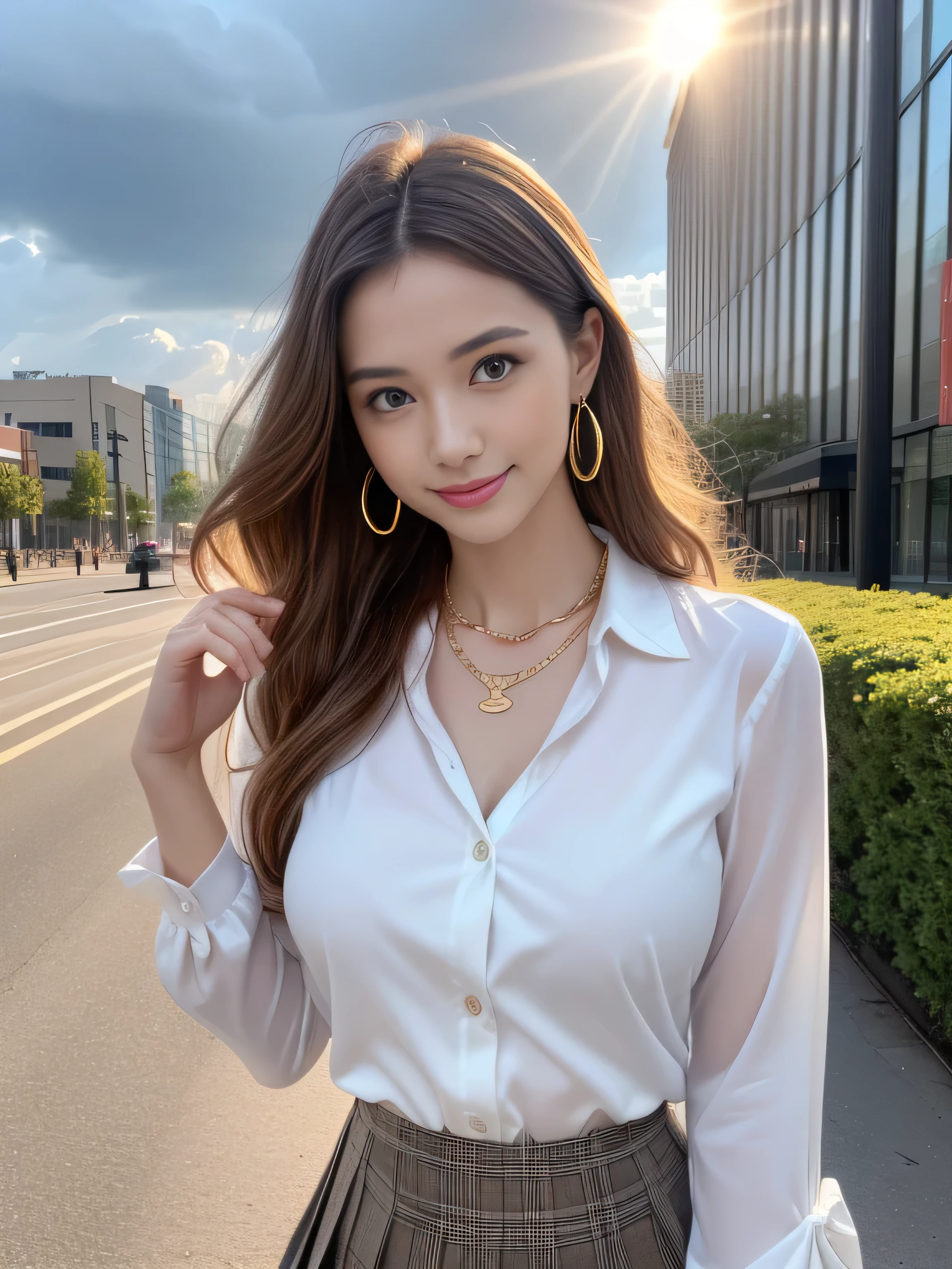 eat face and eyes, Compensate, (Very detailed美しい顔), (Sexiest Looks), (Beautiful big breasts:1.1), (highest quality:1.4), (Very detailed), (very detailed CG synthesis 8k wallpaper), Very detailed, RAW Photos, Professional photography, ((suit)), (Tight Skirt), (open front business shirt), Outdoor, (Business district, City of night, illumination), (Near the sky), Written boundary depth,((Loosely inward wavy hair:1.2)),((Gold Necklace_Large earrings:1.2)),((Extra long brown hair:1.2))((A shy smile:1.3))((light rays,Tyndall effect,outdoor,cloud:1.4)), ((wearing Floral blouse :1.3))、((wearing Pleated mini skirt with many checked folds:1.3)),((Place your left hand gently on your chin:1.3))