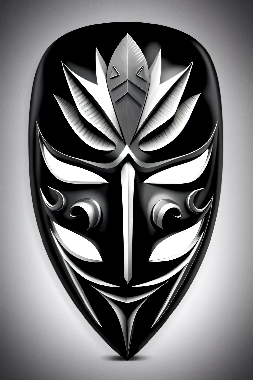 A mask, sleek, with sharp lines and an enigmatic expression, conveying a sense of intrigue and anonymity. black can symbolize power, mystery, and rebellion, silver accents can evoke a sense of regality or nobility.